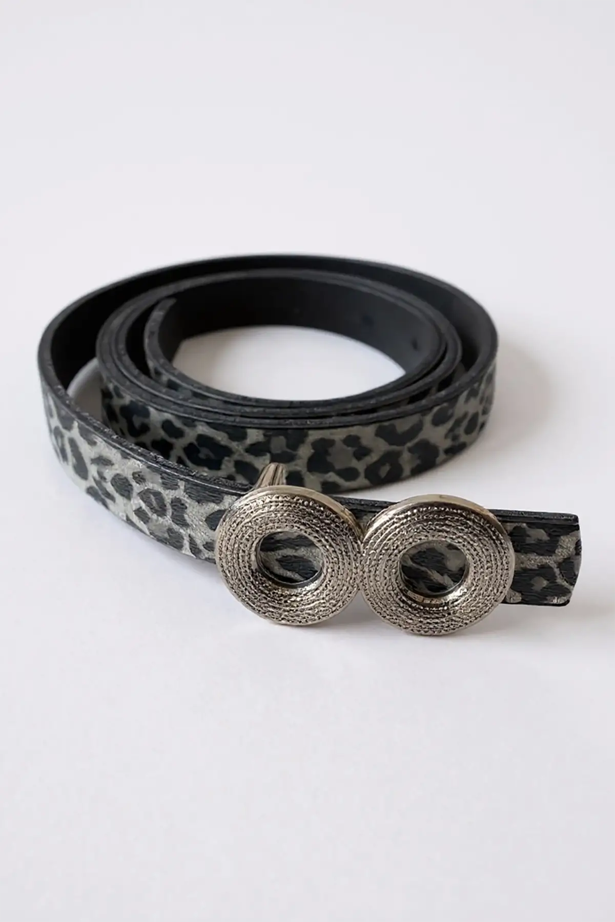 Gümüş Renk Leopar Desenli Kadın Deri Kemer