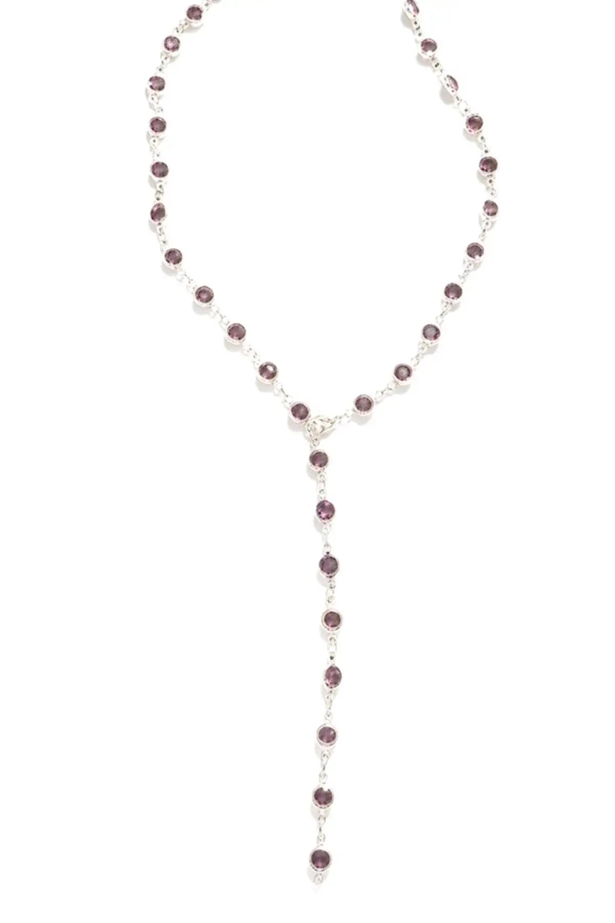 Gümüş Renk Lila Taşlı Çelik Y Kolye