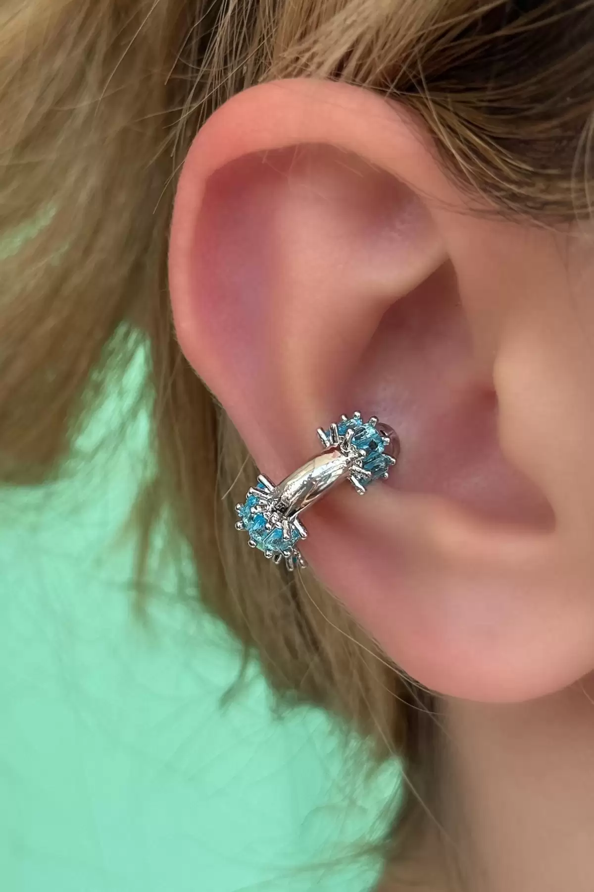 Gümüş Renk Mavi Taş Detaylı Ear Cuff (Tek)