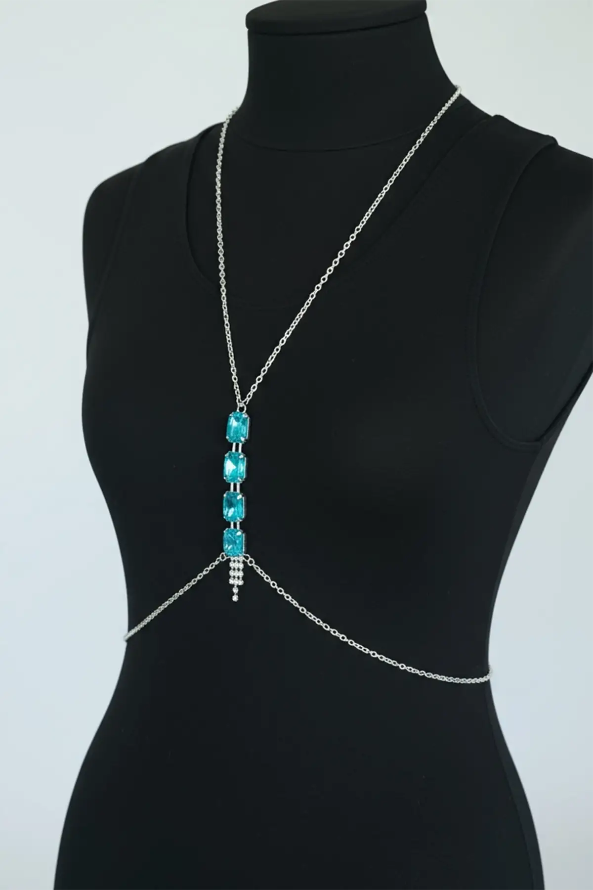 Gümüş Renk Mavi Taş Detaylı Vücut Aksesuarı