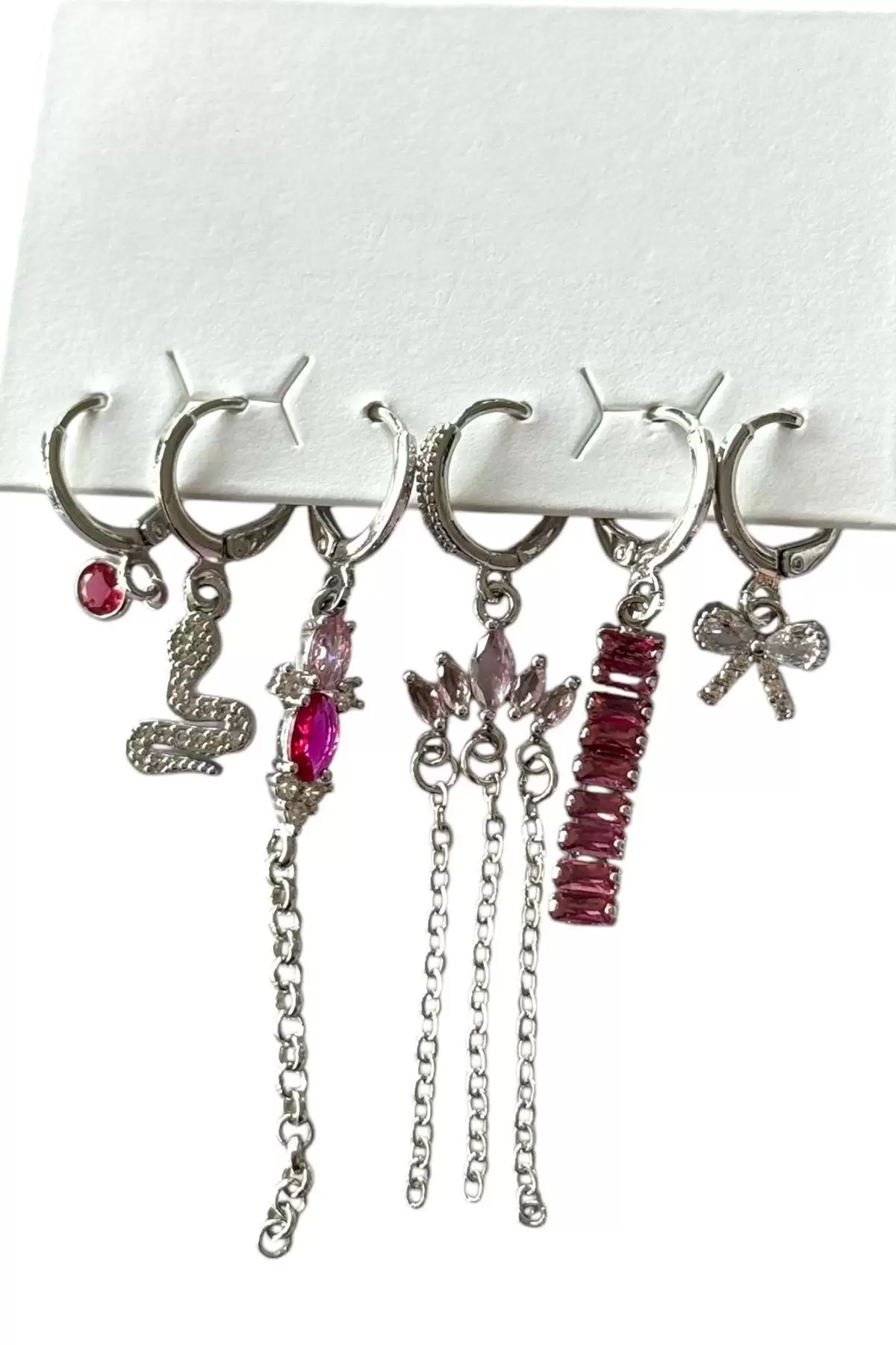 Gümüş Renk Pembe Taş Detaylı 6lı Küpe Set