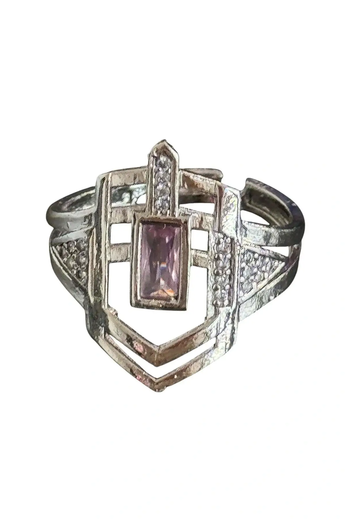 Gümüş Renk Pembe Taş Detaylı Ayarlanabilir Yüzük