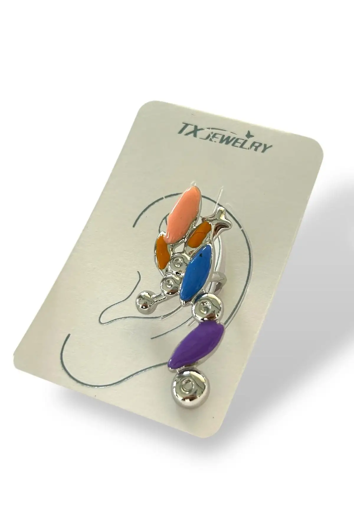 Gümüş Renk Renkli Taş Detaylı 14K Altın Kaplama TX Ear Cuff (Tek)