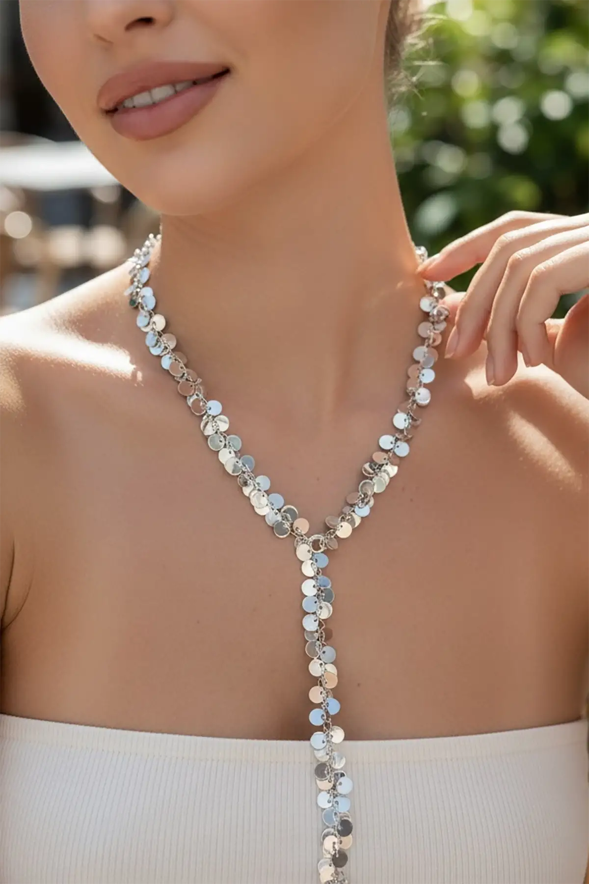 Gümüş Renk Saçaklı Çelik Y Kolye