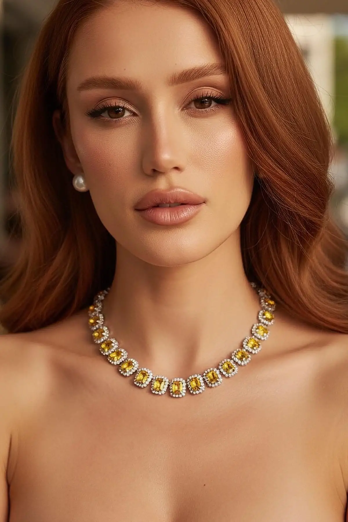 Gümüş Renk Sarı Taş Detaylı Tasarım Abiye Kolye