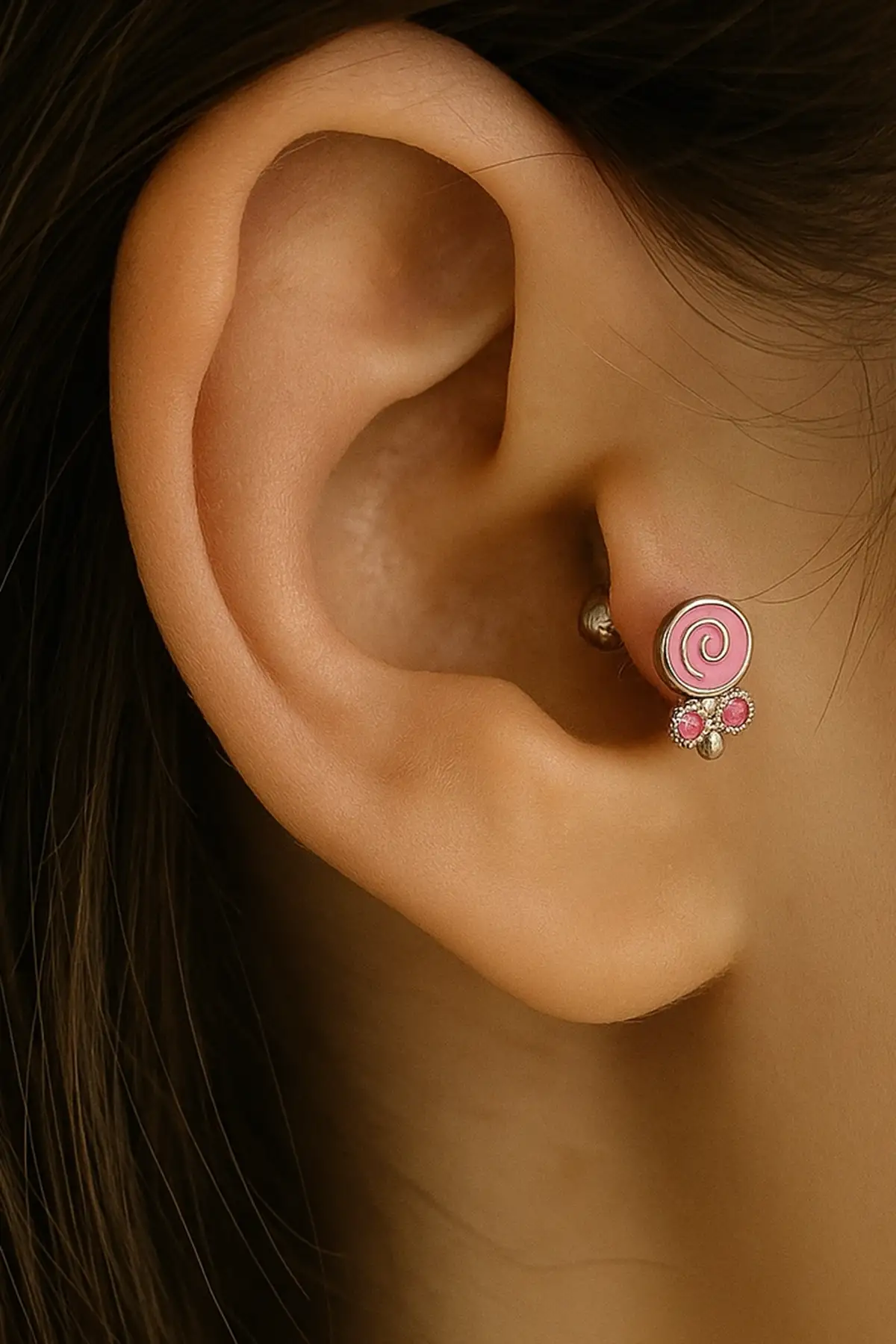 Gümüş Renk Şeker Figürlü Cerrahi Çelik Tragus/Kıkırdak Küpe/Piercing (Tek)