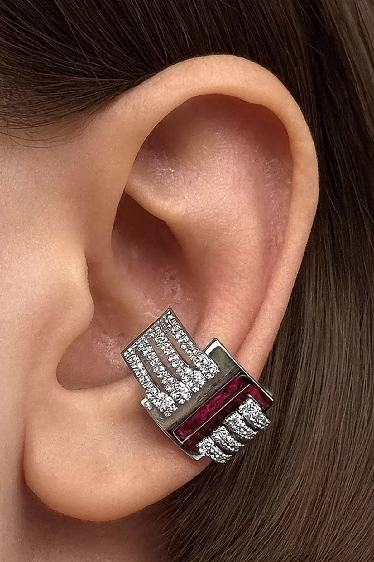 Gümüş Renk Taş Detaylı 14K Altın Kaplama TX Ear Cuff (Tek)