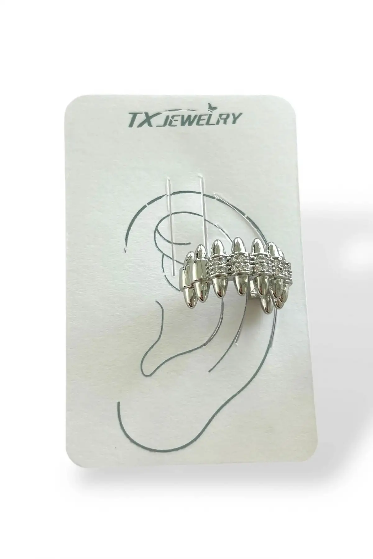 Gümüş Renk Taş Detaylı 14K Altın Kaplama TX Ear Cuff (Tek)