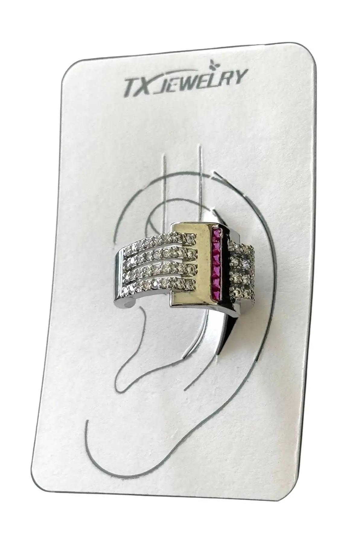 Gümüş Renk Taş Detaylı 14K Altın Kaplama TX Ear Cuff (Tek)