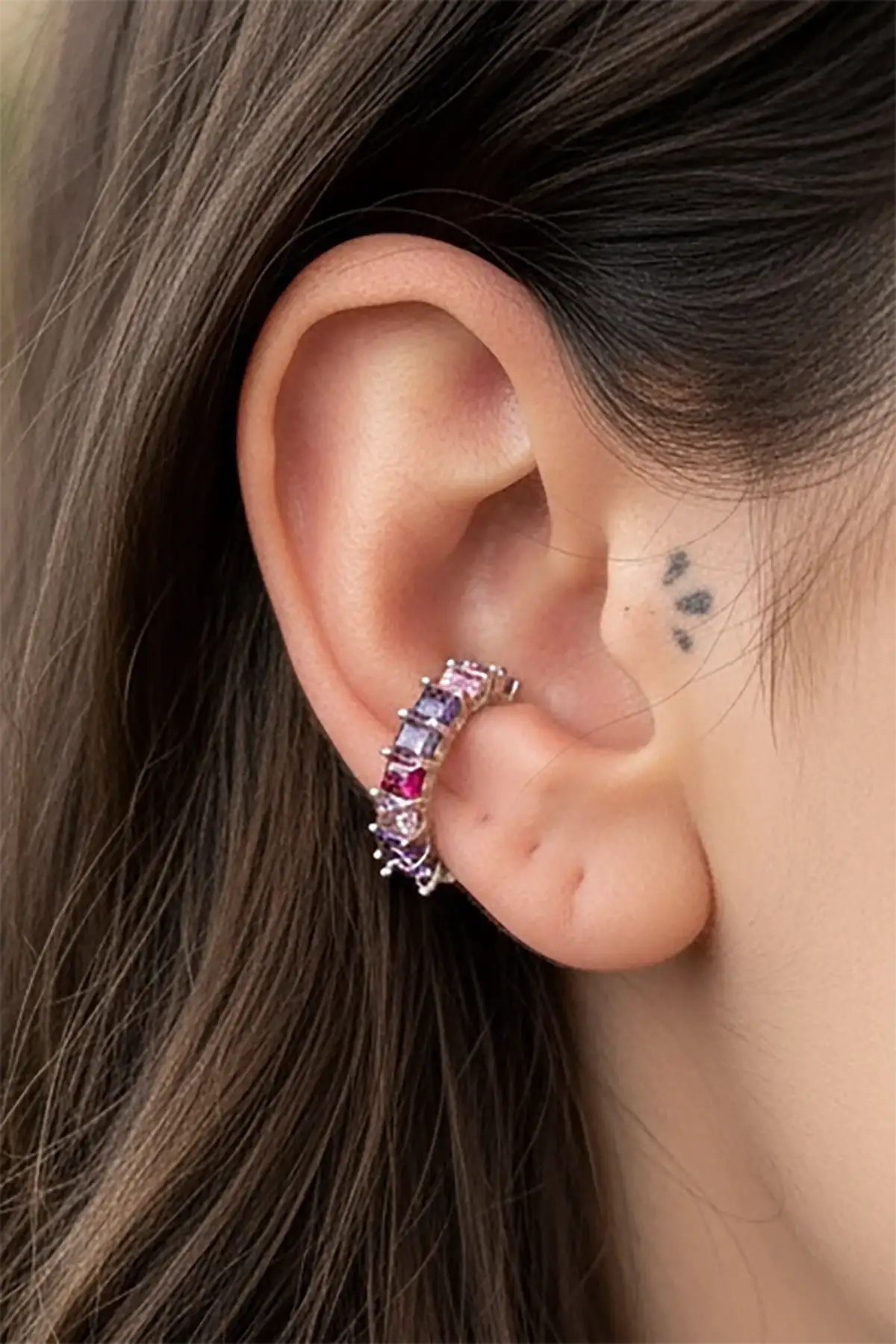 Gümüş Renk Taş Detaylı 14K Altın Kaplama TX Ear Cuff (Tek)
