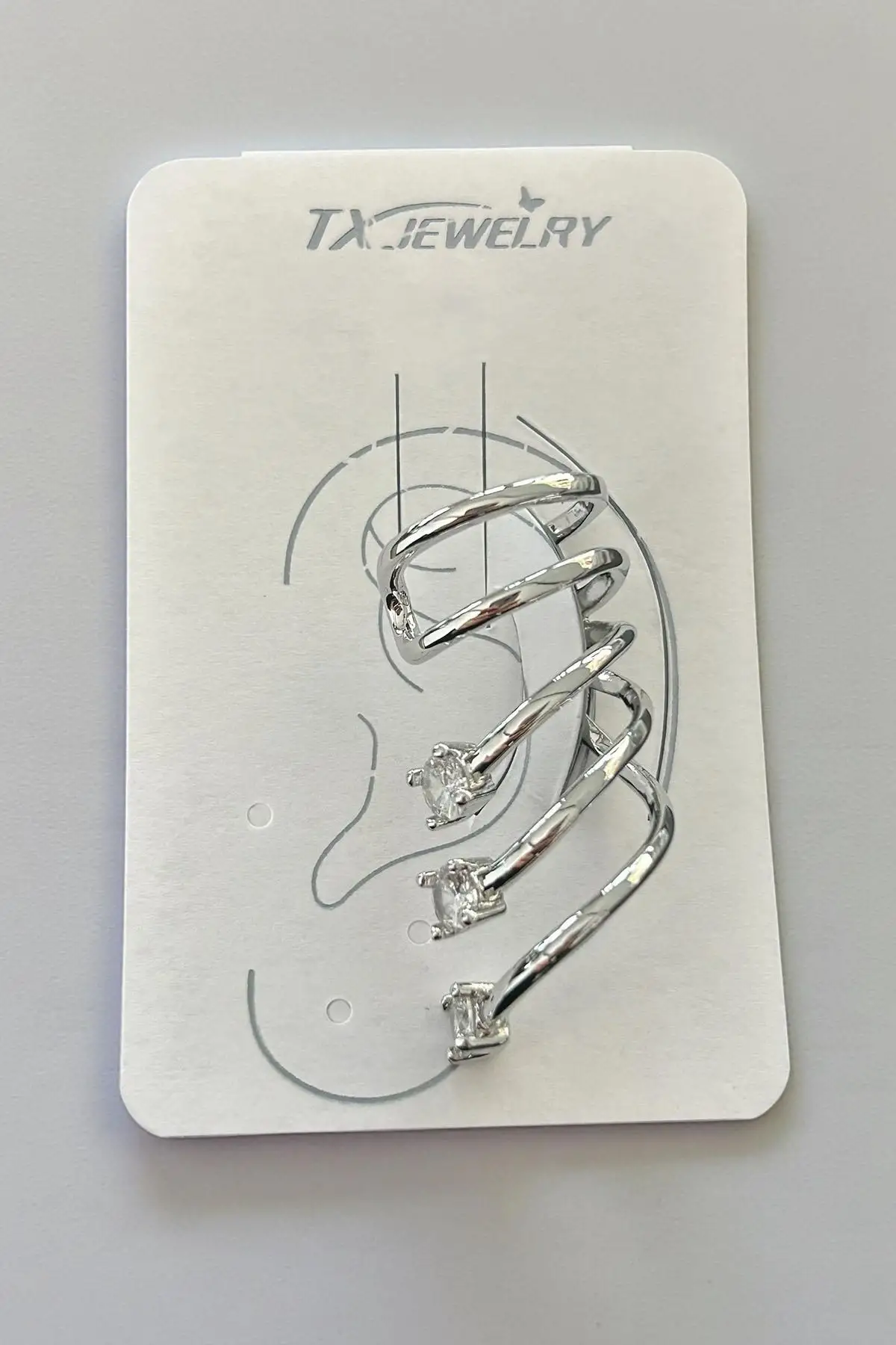 Gümüş Renk Taş Detaylı 14K Altın Kaplama TX Ear Cuff (Tek)