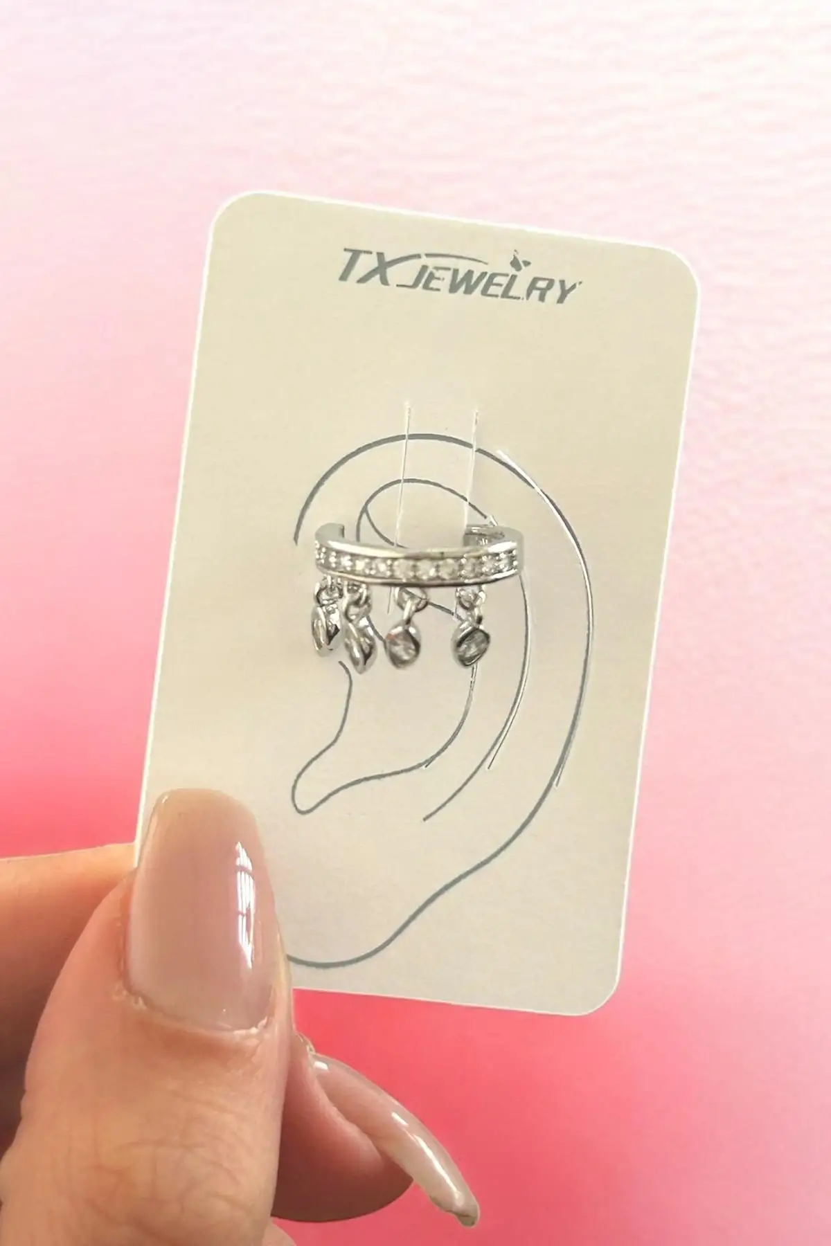 Gümüş Renk Taş Detaylı 14K Altın Kaplama TX Ear Cuff (Tek)