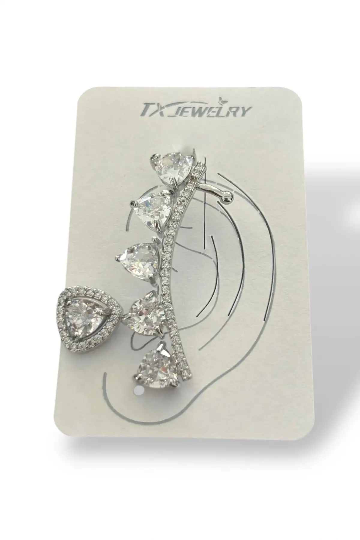 Gümüş Renk Taş Detaylı 14K Altın Kaplama TX Ear Cuff Ve Küpe Set (Tek)