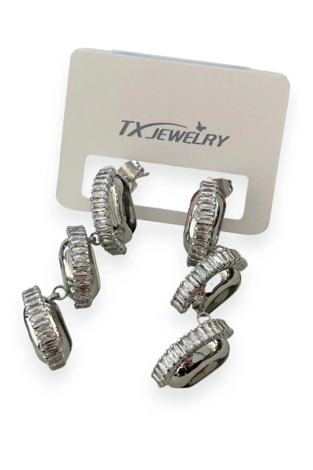 Gümüş Renk Taş Detaylı 14K Altın Kaplama TX Küpe (Çift)