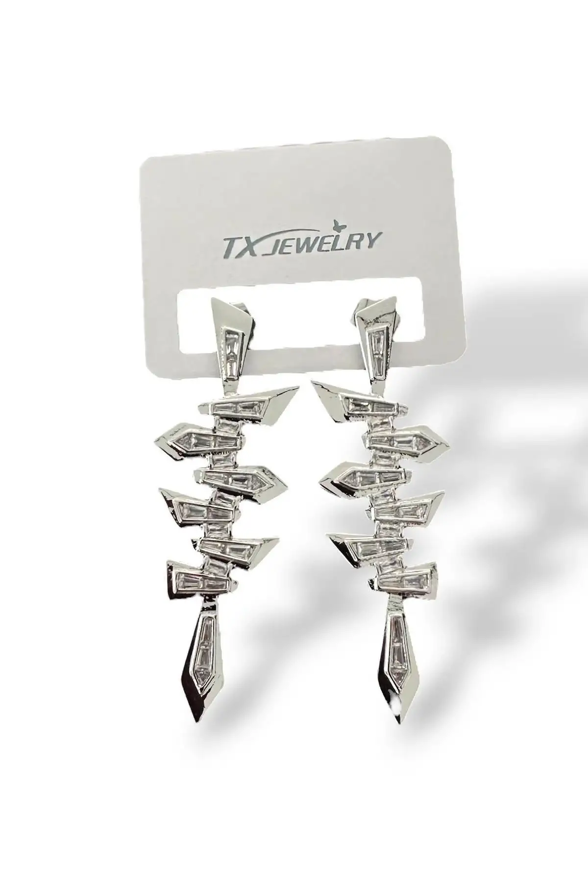 Gümüş Renk Taş Detaylı 14K Altın Kaplama TX Küpe (Çift)