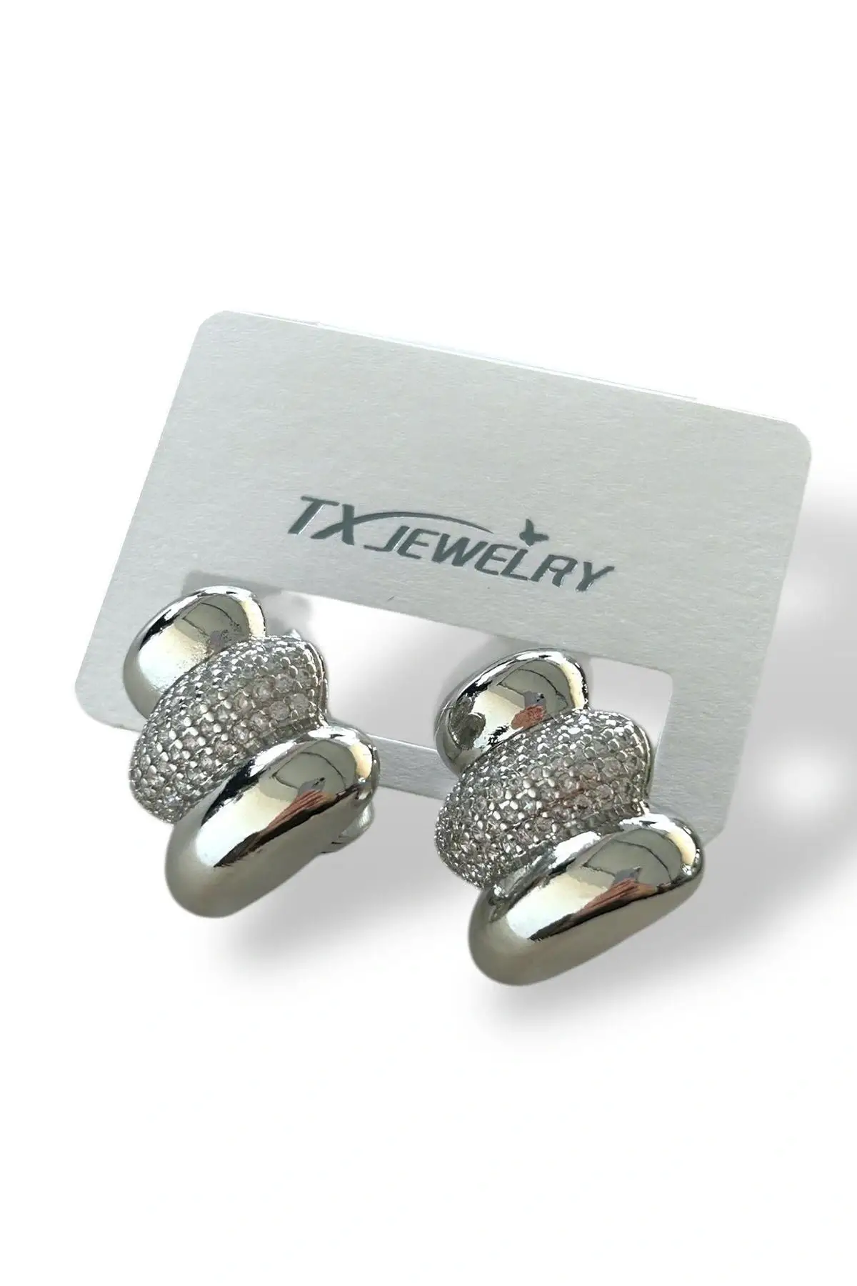 Gümüş Renk Taş Detaylı 14K Altın Kaplama TX Küpe (Çift)