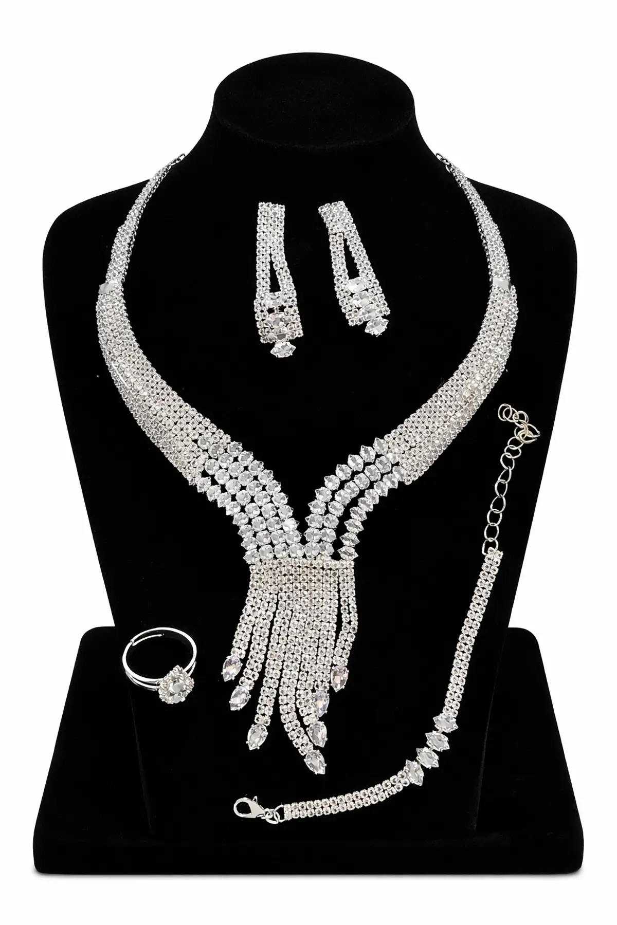 Gümüş Renk Taş Detaylı 4lü Abiye Set