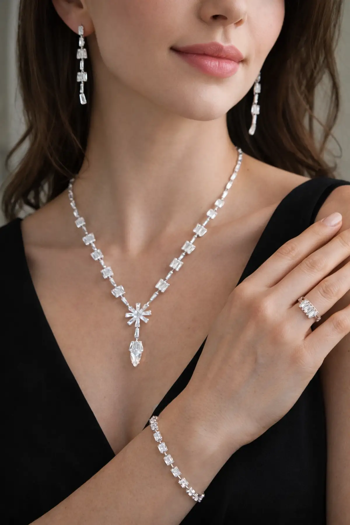 Gümüş Renk Taş Detaylı 4lü Abiye Set