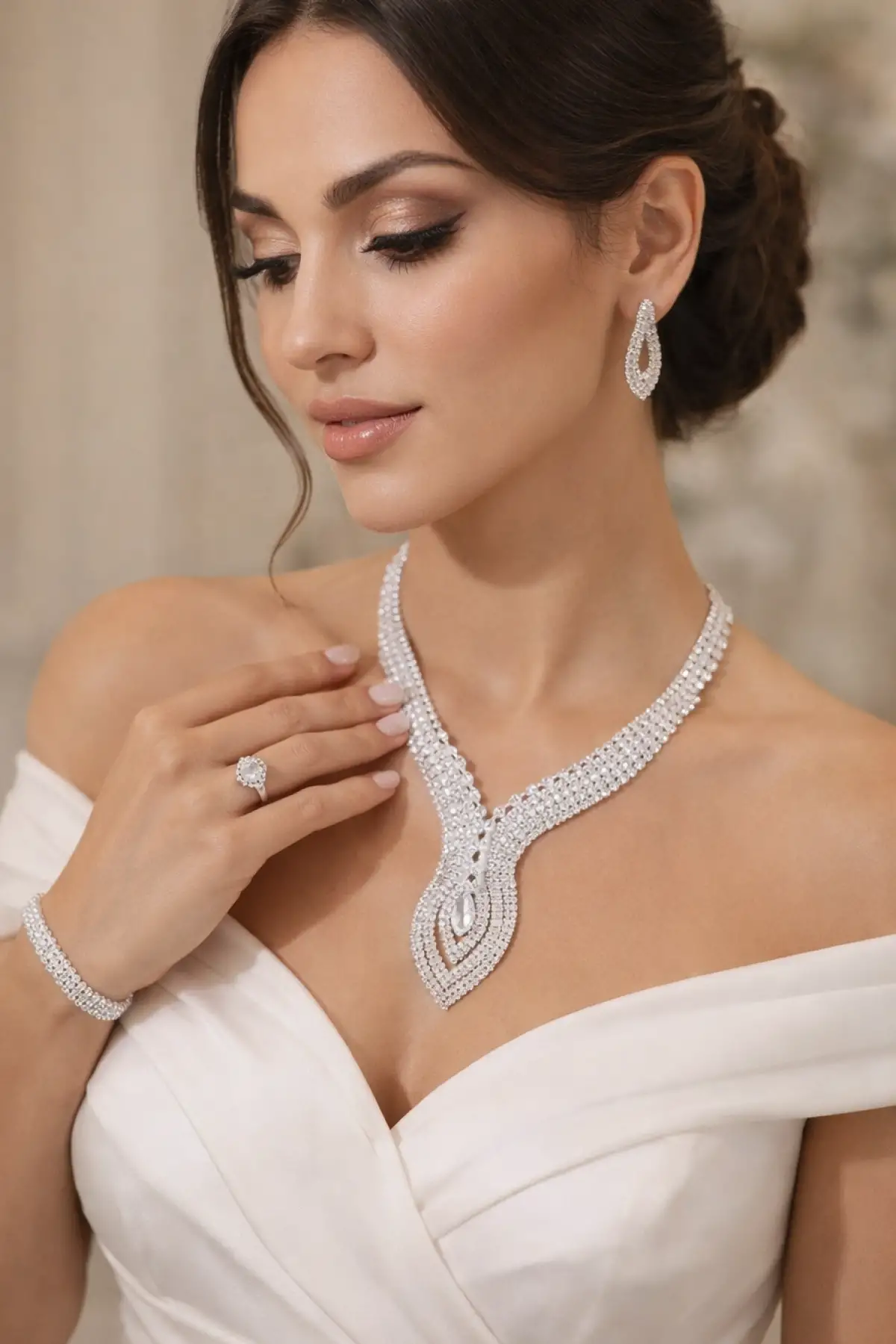 Gümüş Renk Taş Detaylı 4lü Abiye Set