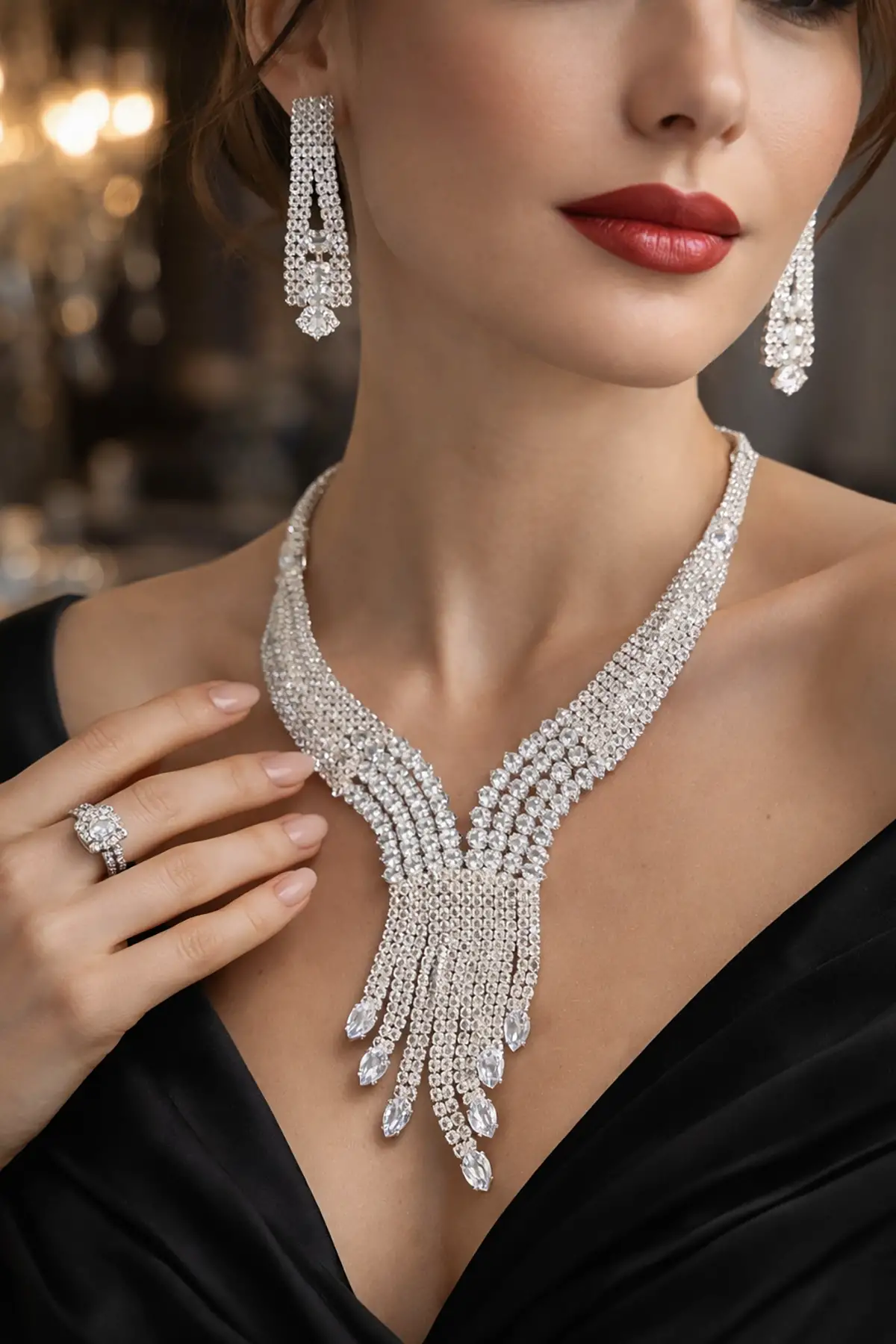 Gümüş Renk Taş Detaylı 4lü Abiye Set