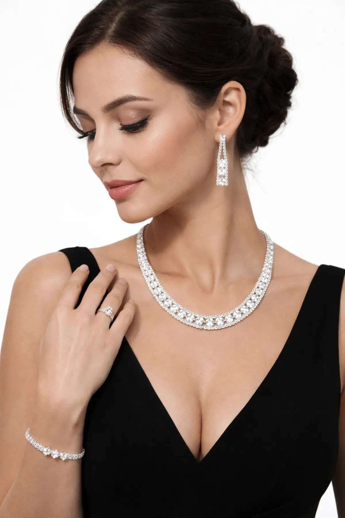 Gümüş Renk Taş Detaylı 4lü Abiye Set