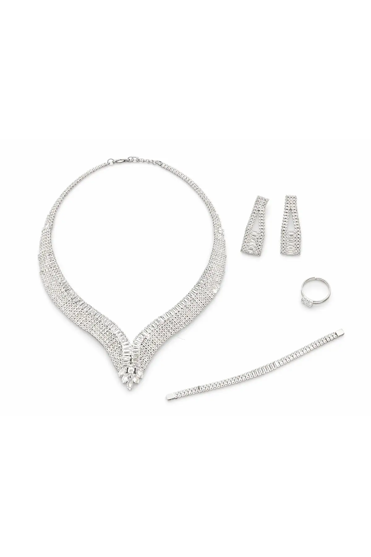 Gümüş Renk Taş Detaylı 4lü Abiye Set