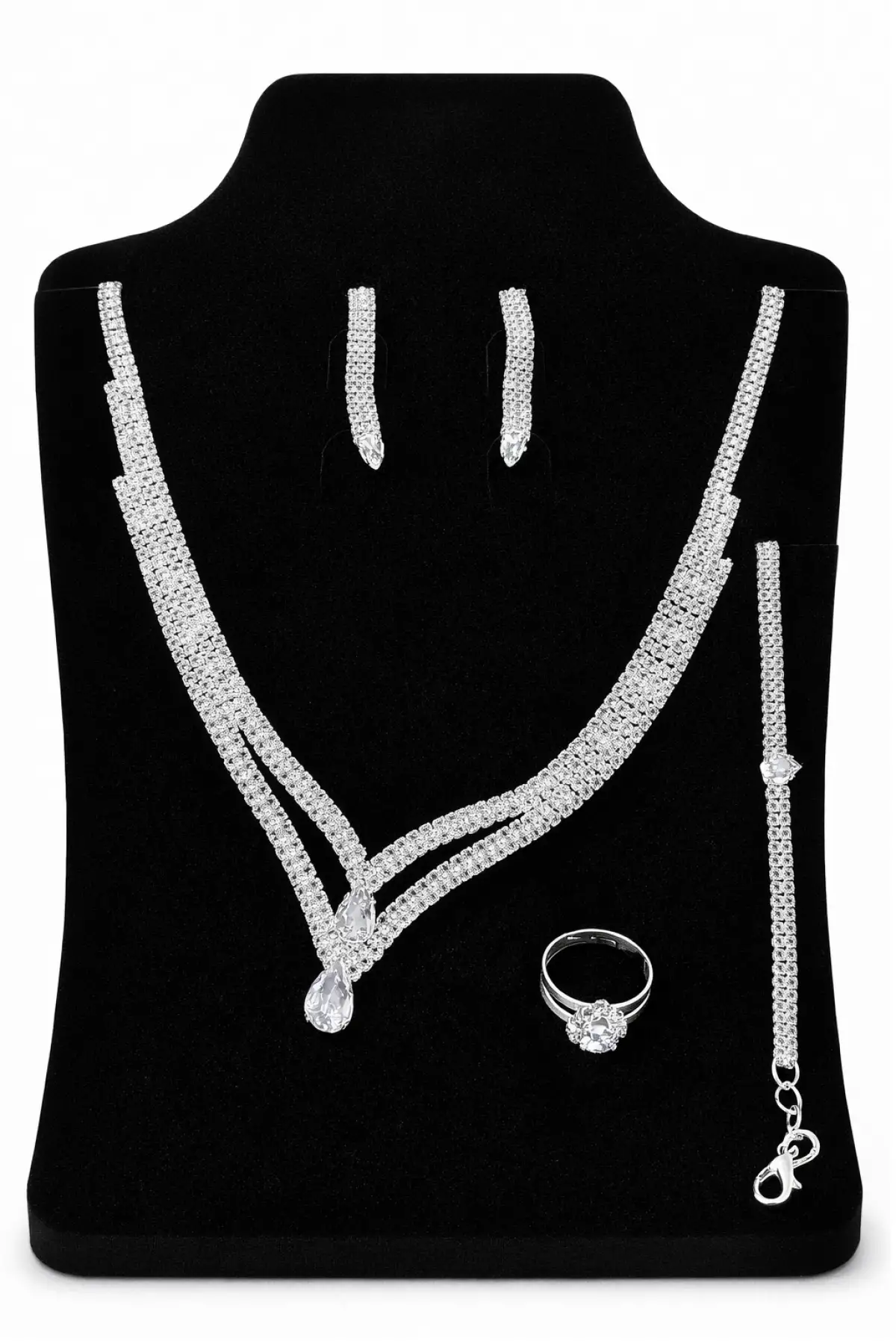 Gümüş Renk Taş Detaylı 4lü Abiye Set