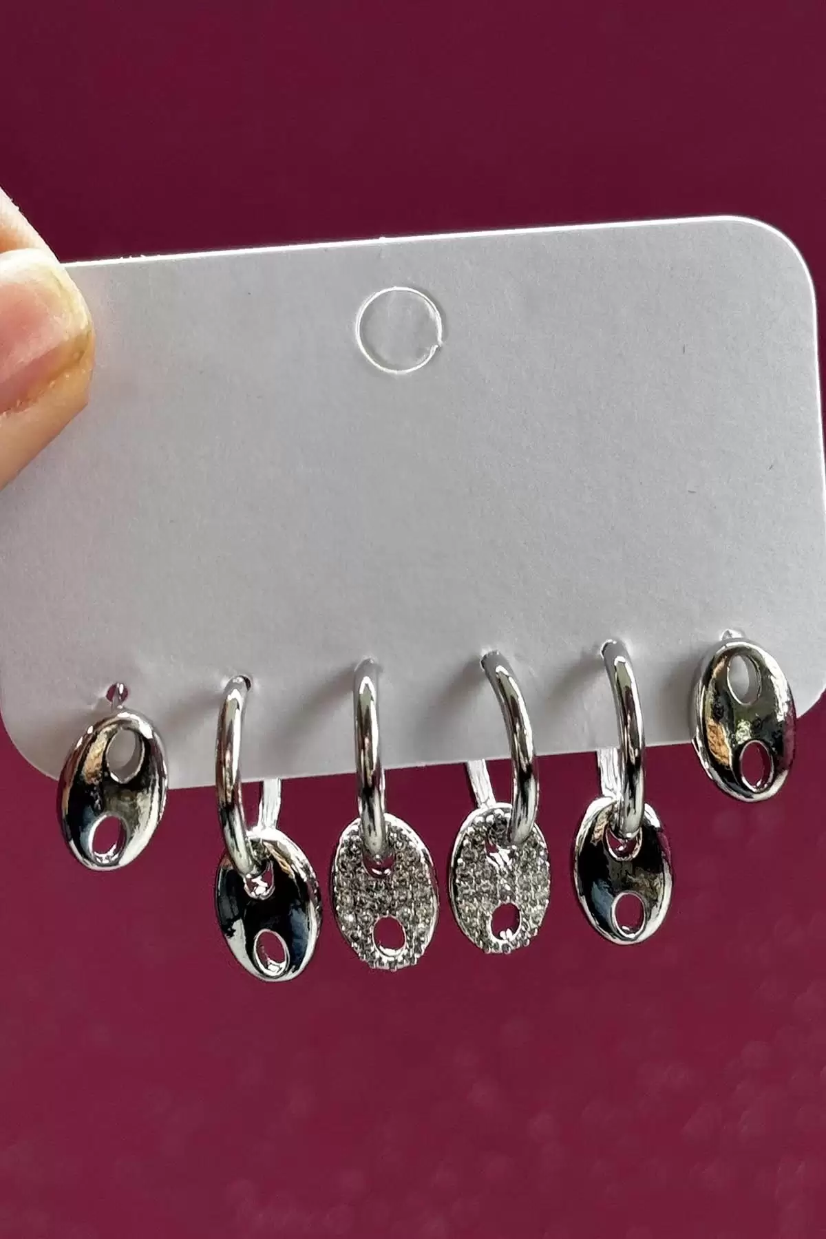 Gümüş Renk Taş Detaylı 6lı Halka Küpe Set