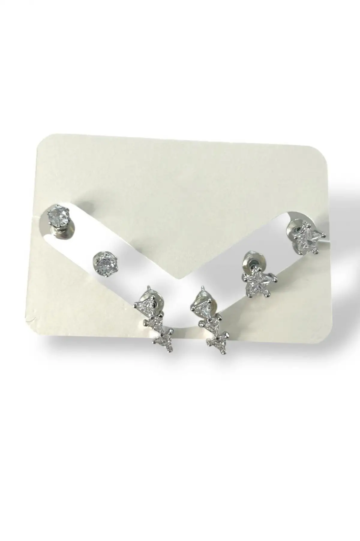 Gümüş Renk Taş Detaylı 6lı Küpe Set