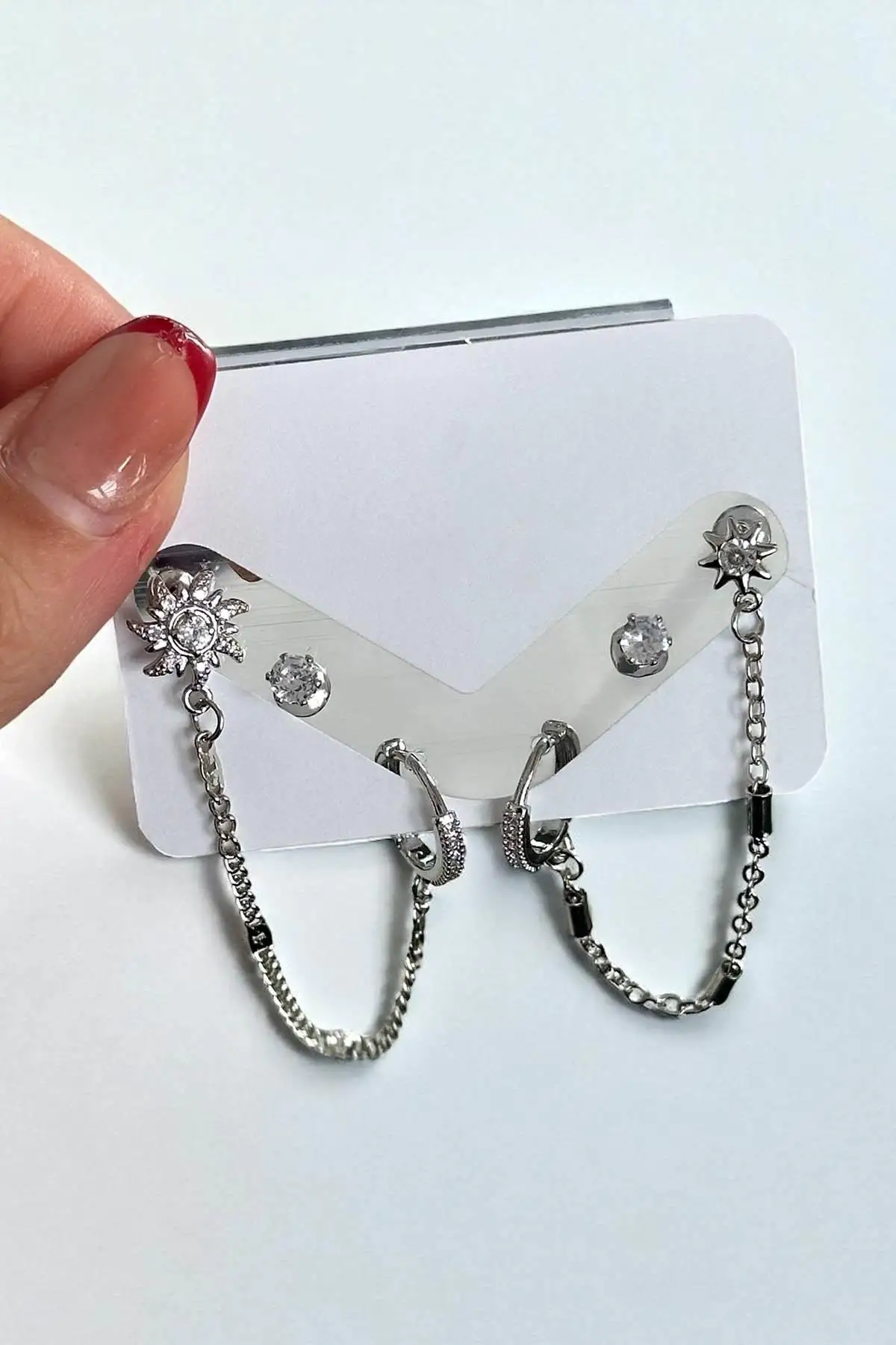 Gümüş Renk Taş Detaylı 6lı Küpe Set