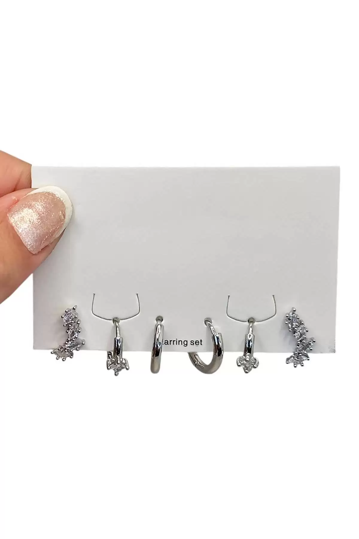 Gümüş Renk Taş Detaylı 6lı Küpe Set