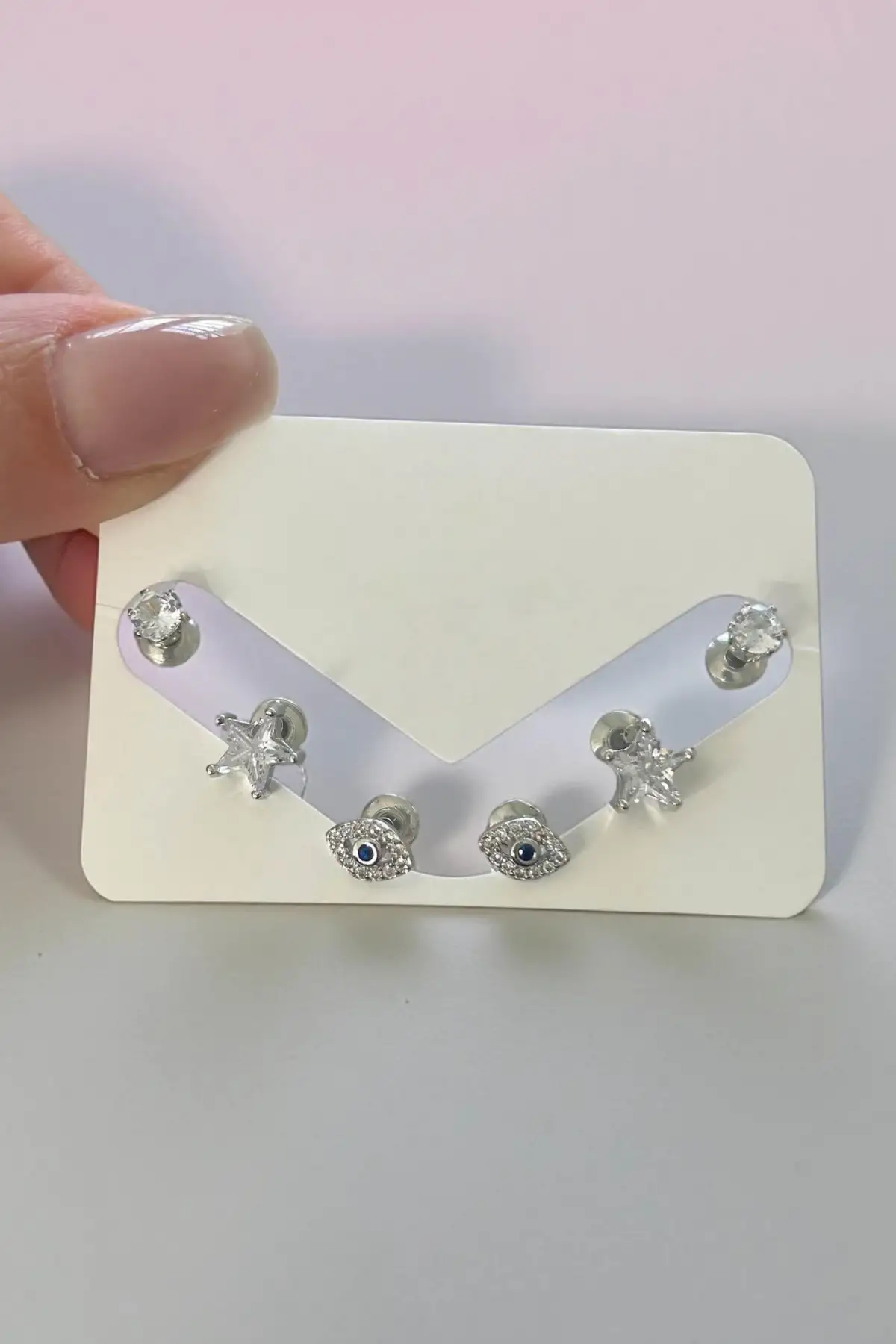 Gümüş Renk Taş Detaylı 6lı Küpe Set