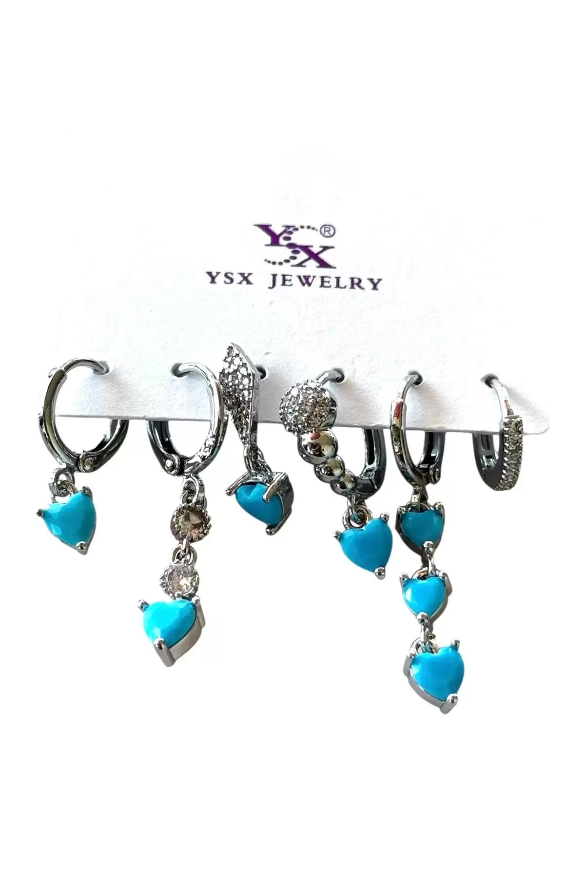 Gümüş Renk Taş Detaylı 6lı YSX Küpe Set