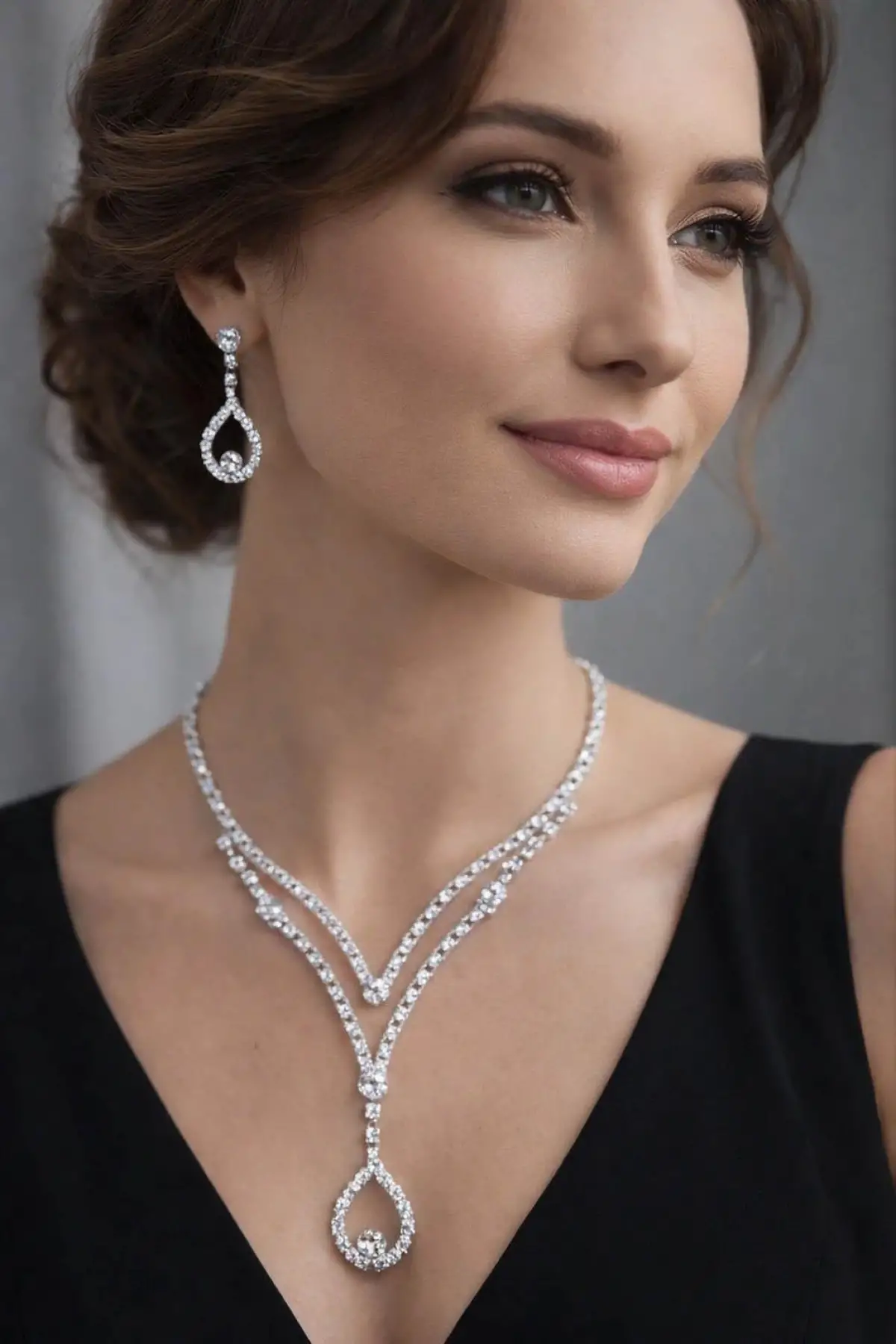 Gümüş Renk Taş Detaylı Abiye Set