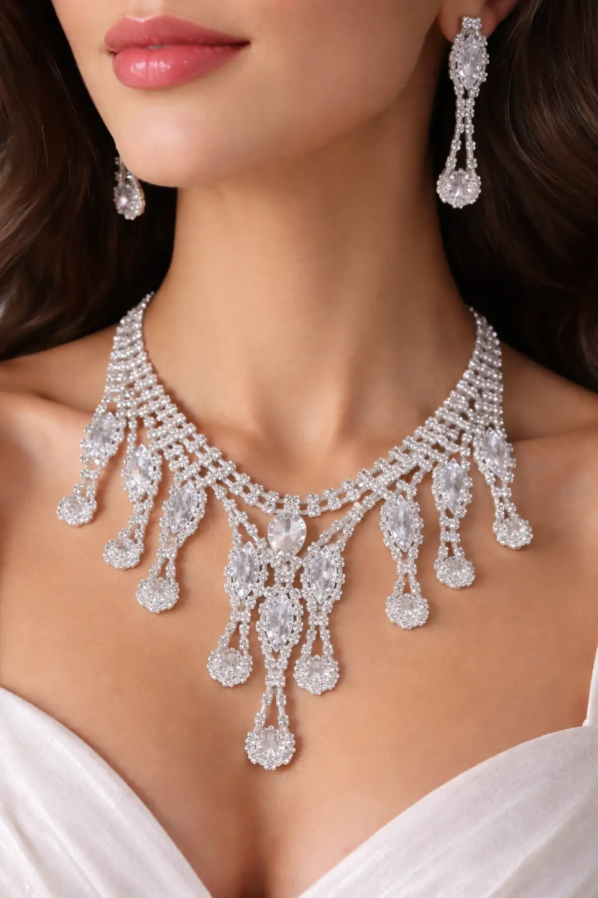 Gümüş Renk Taş Detaylı Abiye Set