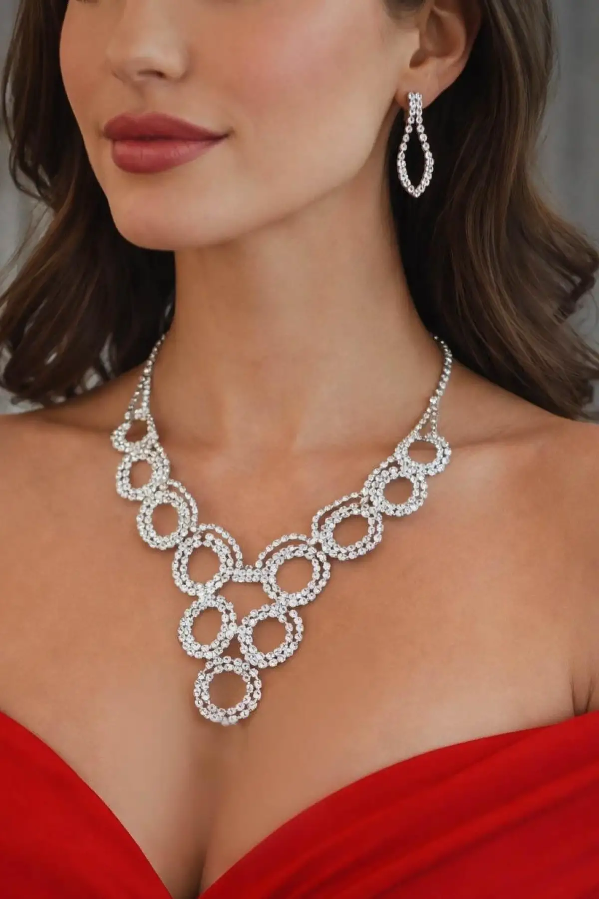 Gümüş Renk Taş Detaylı Abiye Set