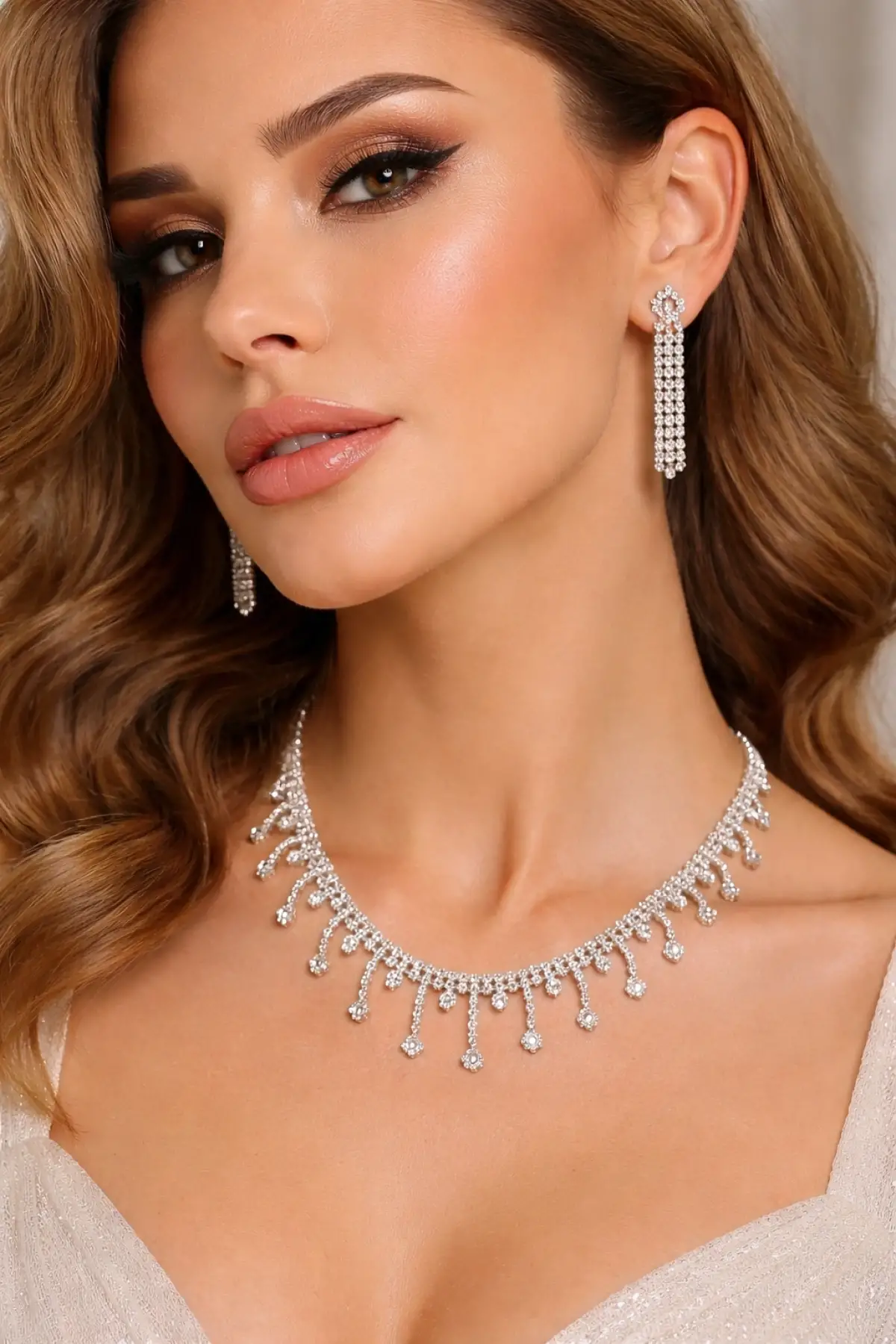 Gümüş Renk Taş Detaylı Abiye Set