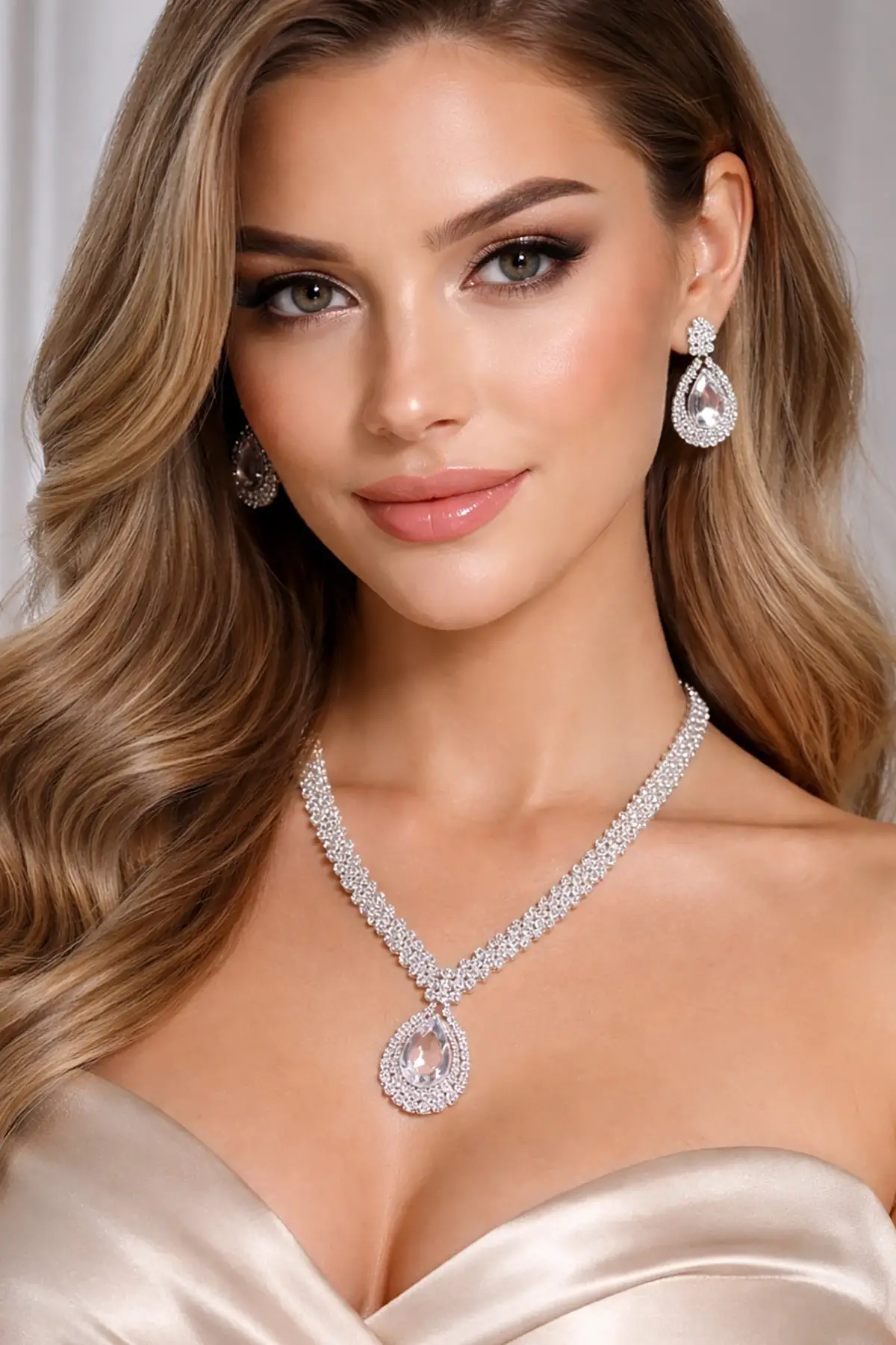 Gümüş Renk Taş Detaylı Abiye Set