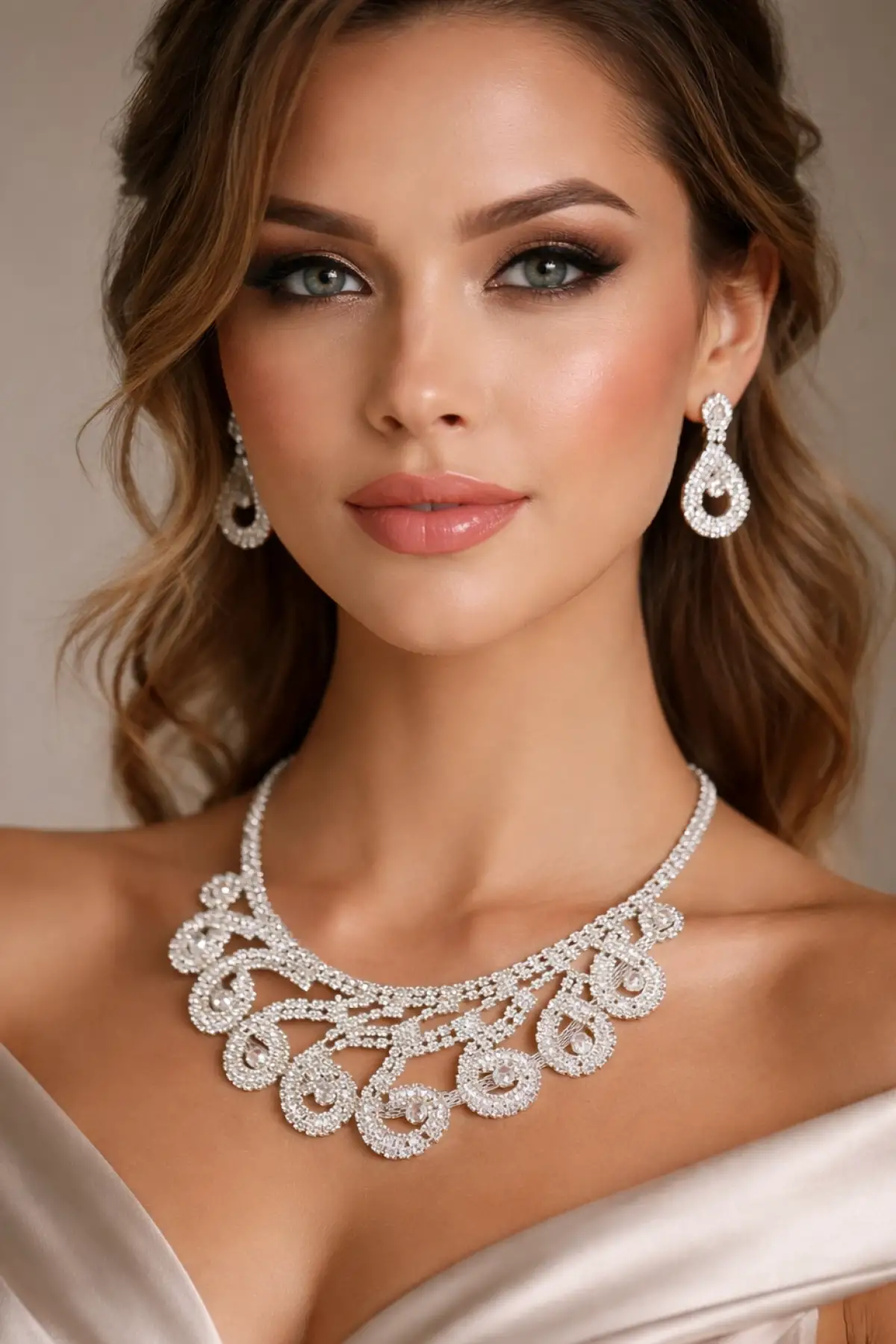 Gümüş Renk Taş Detaylı Abiye Set