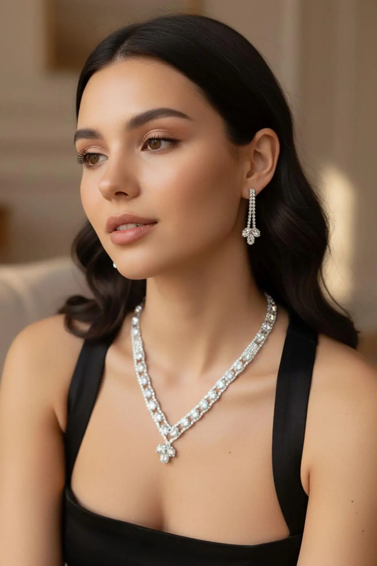 Gümüş Renk Taş Detaylı  Abiye Set