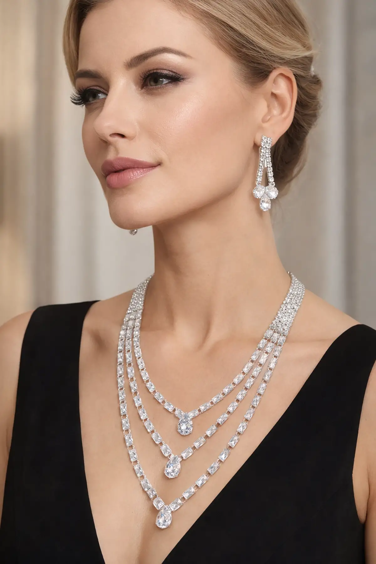 Gümüş Renk Taş Detaylı Abiye Set