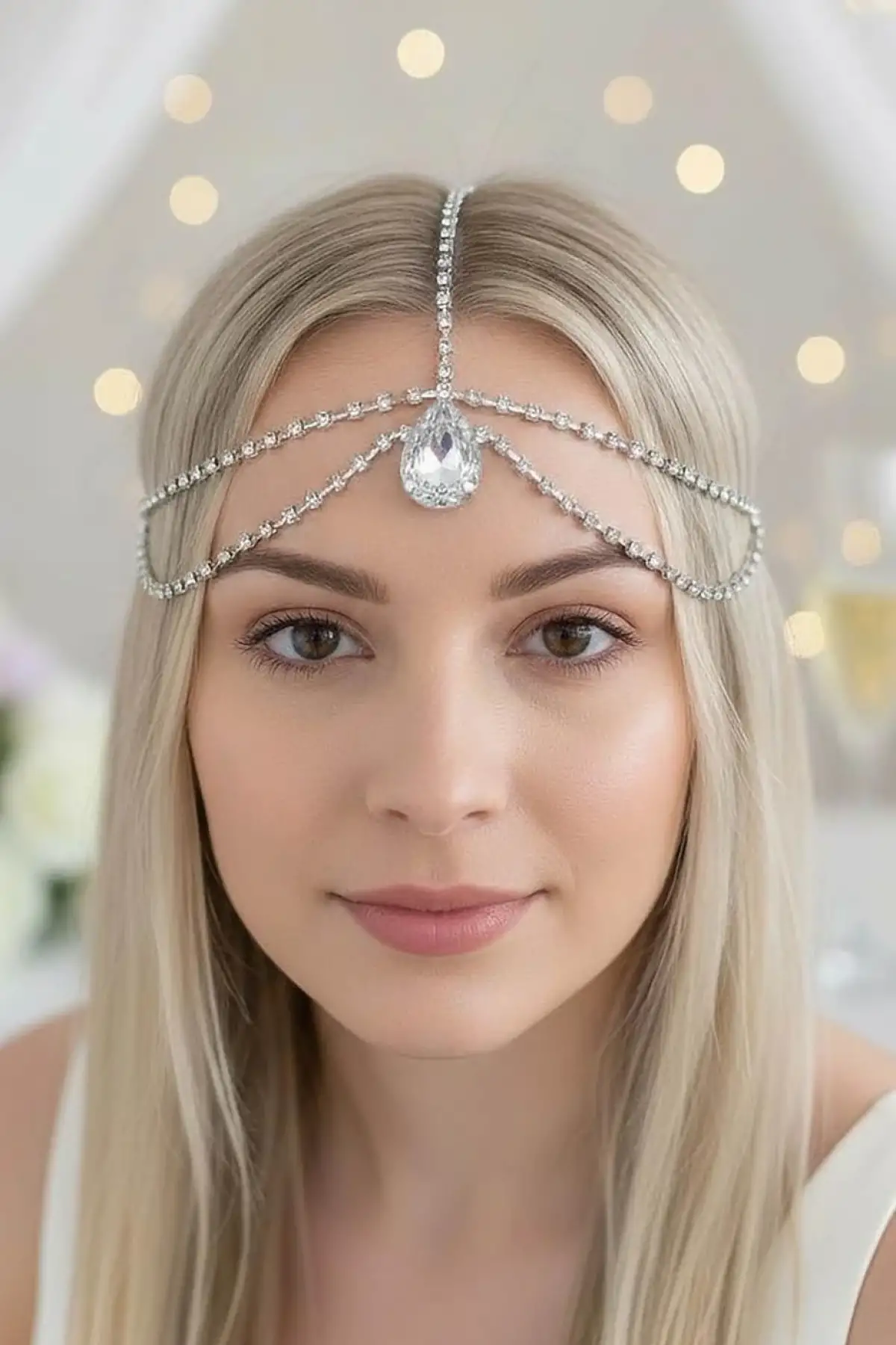 Gümüş Renk Taş Detaylı Alınlık/Kına Aksesuarı