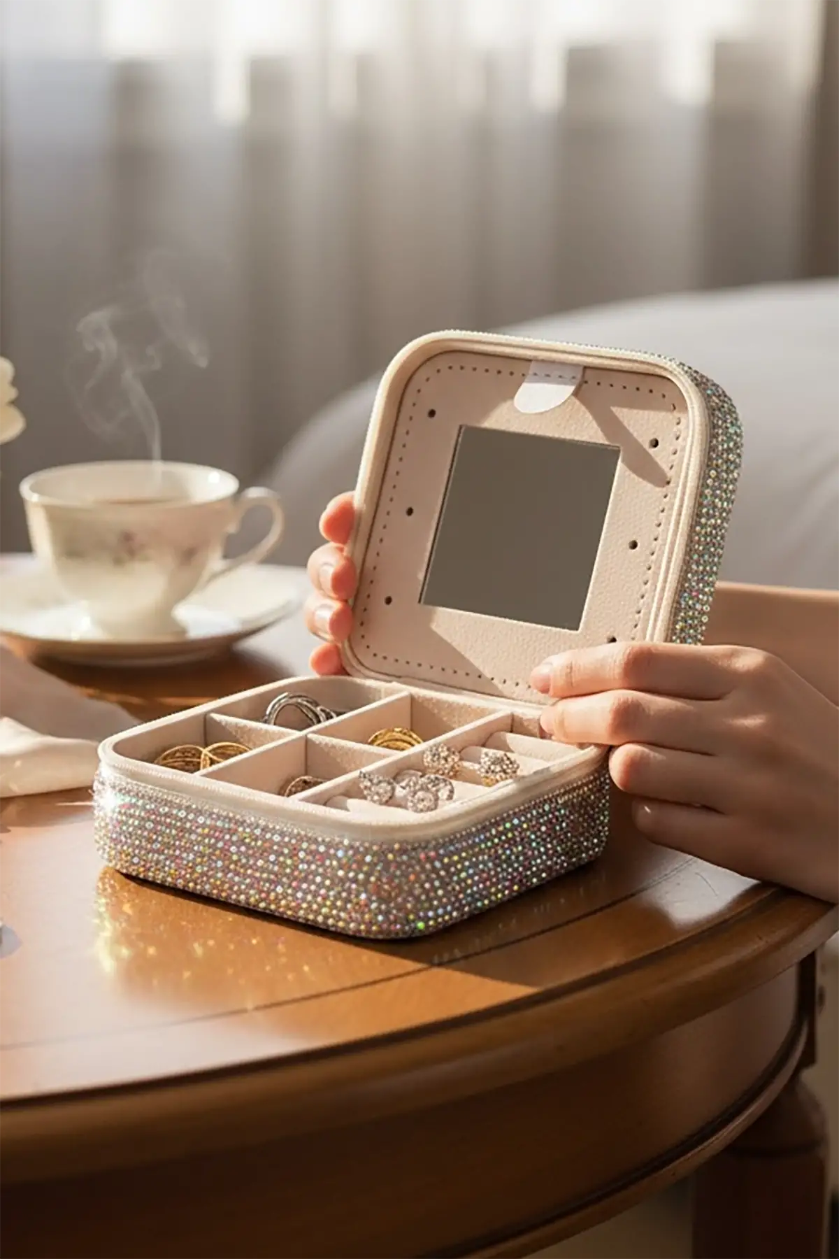 Gümüş Renk Taş Detaylı Çantalı Takı Kutusu