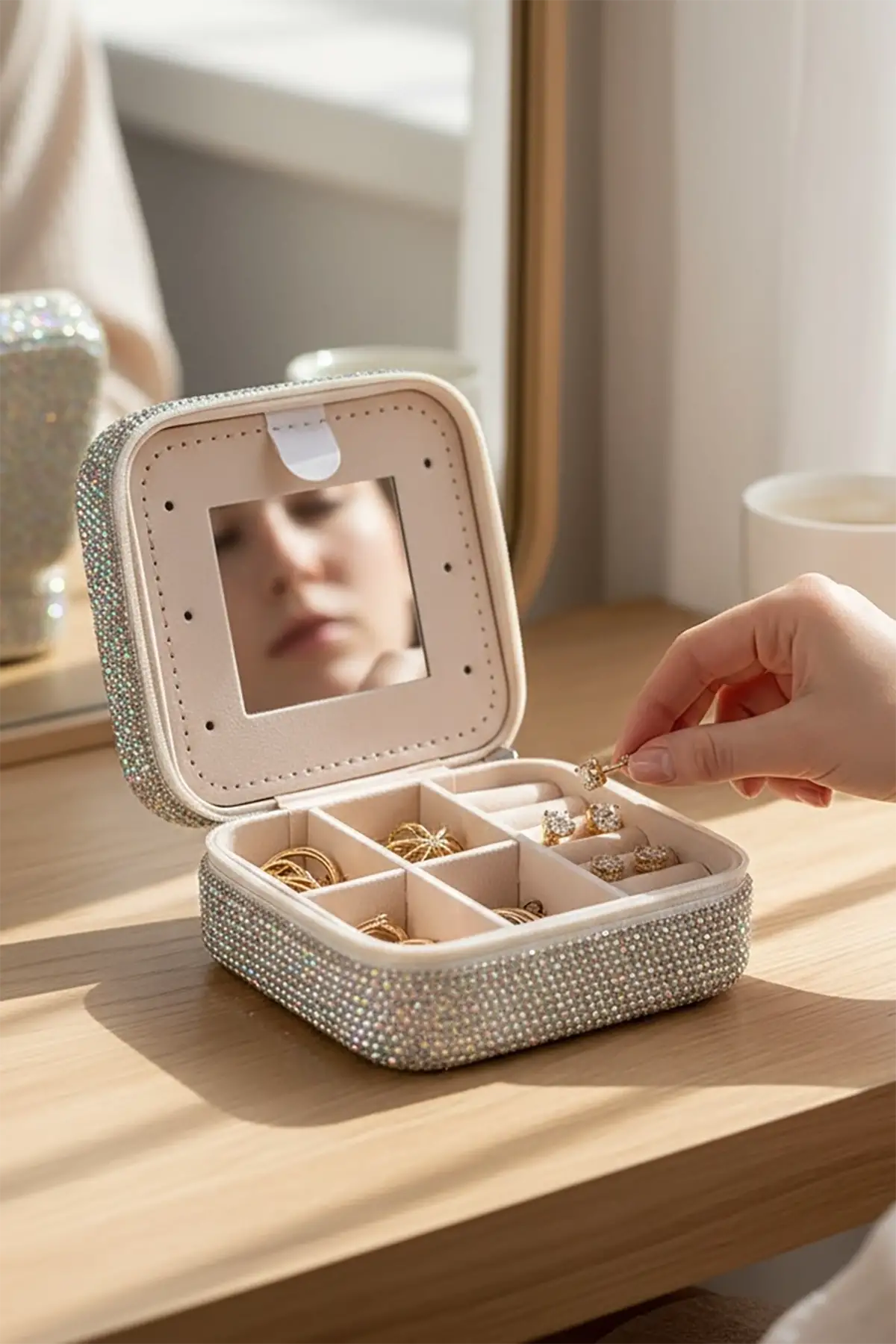 Gümüş Renk Taş Detaylı Çantalı Takı Kutusu