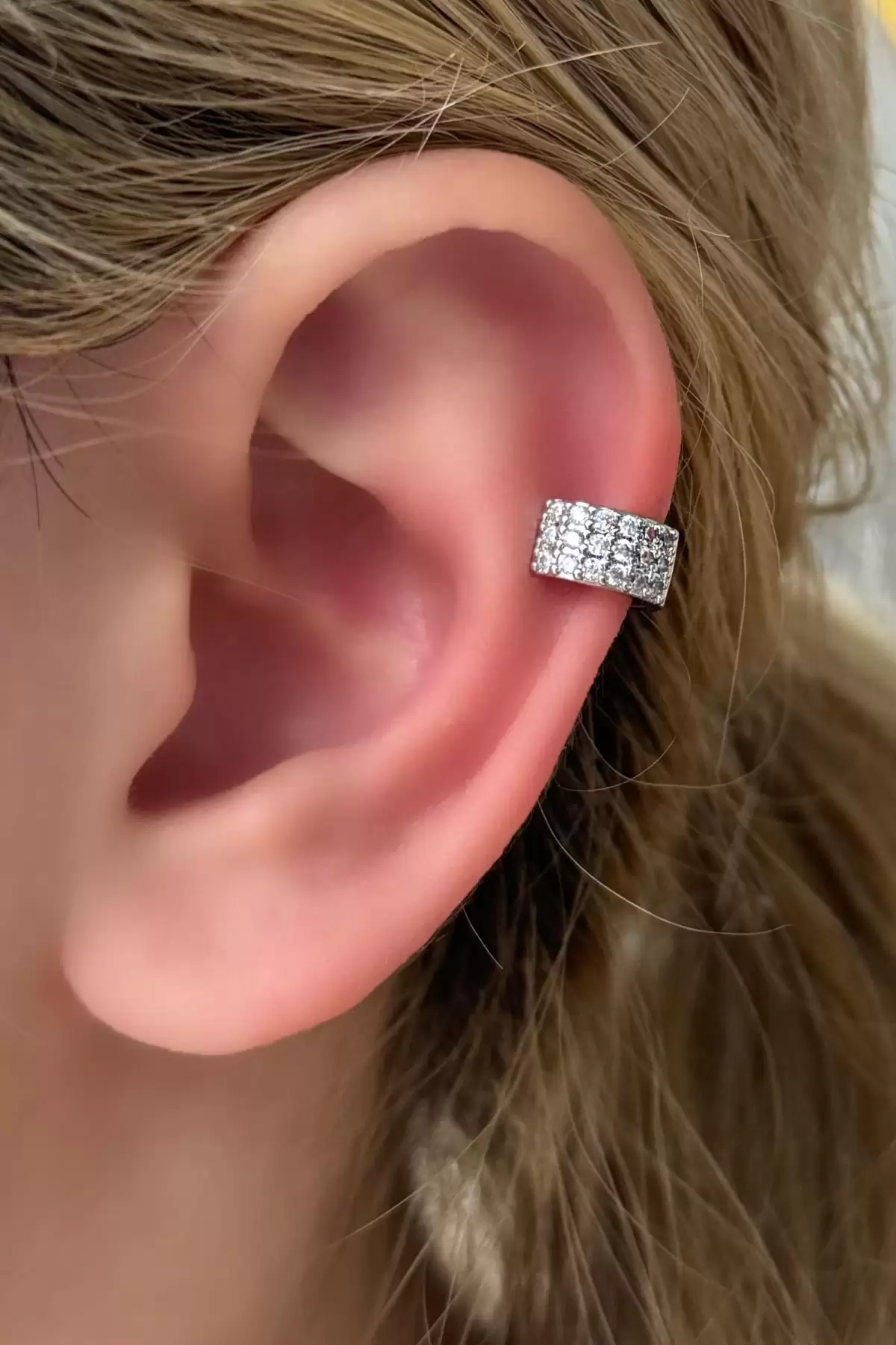 Gümüş Renk Taş Detaylı Ear Cuff Küpe (Tek)