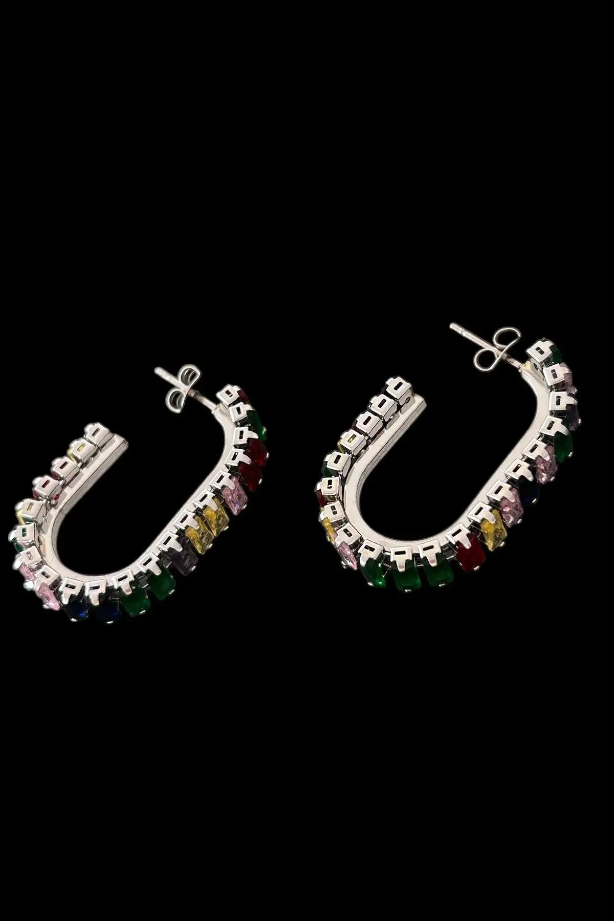 Gümüş Renk Taş Detaylı Çelik Halka Küpe (Çift)