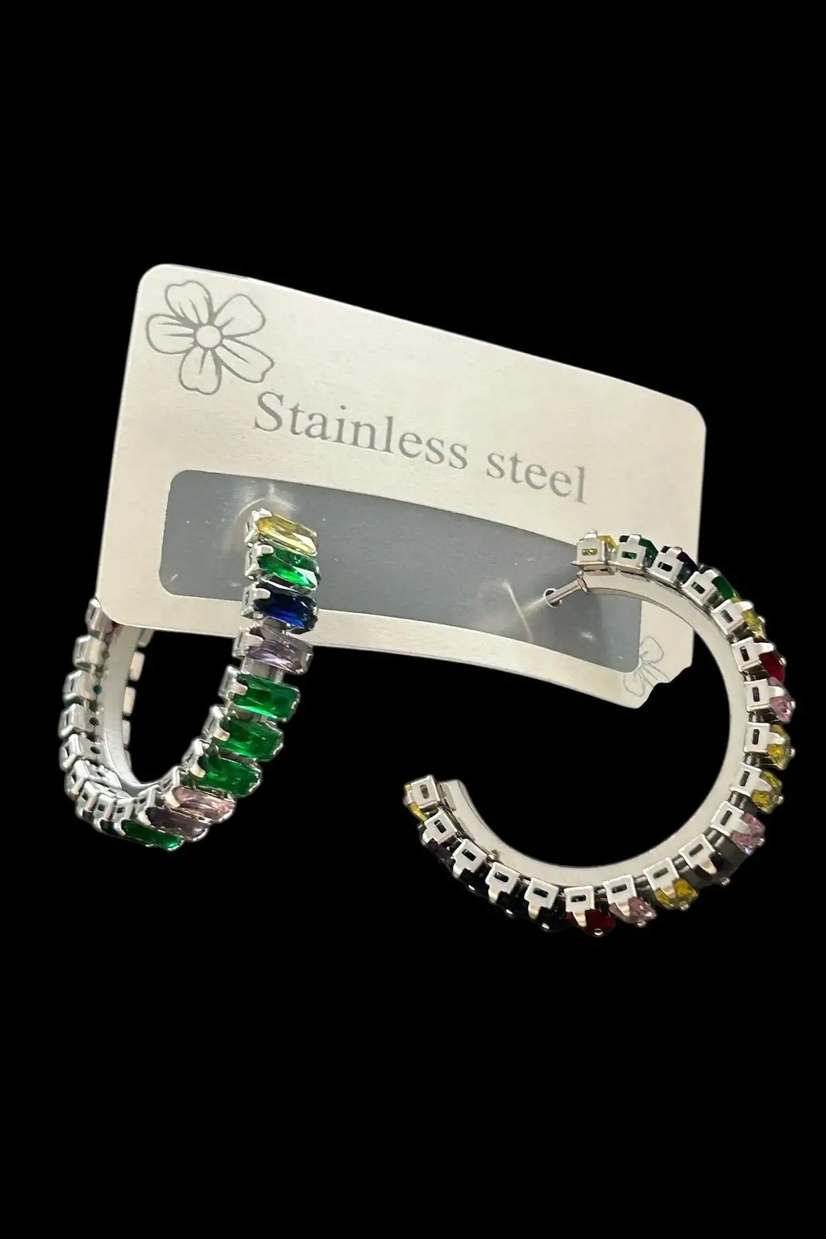 Gümüş Renk Taş Detaylı Çelik Halka Küpe (Çift)