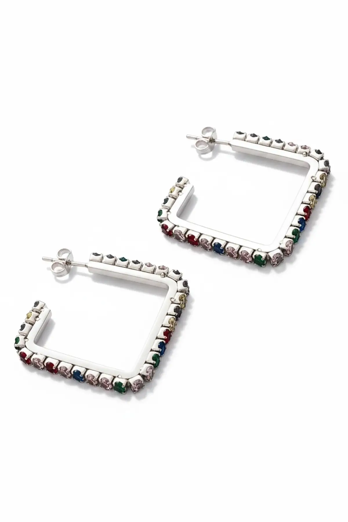 Gümüş Renk Taş Detaylı Çelik Kare Küpe (Çift)