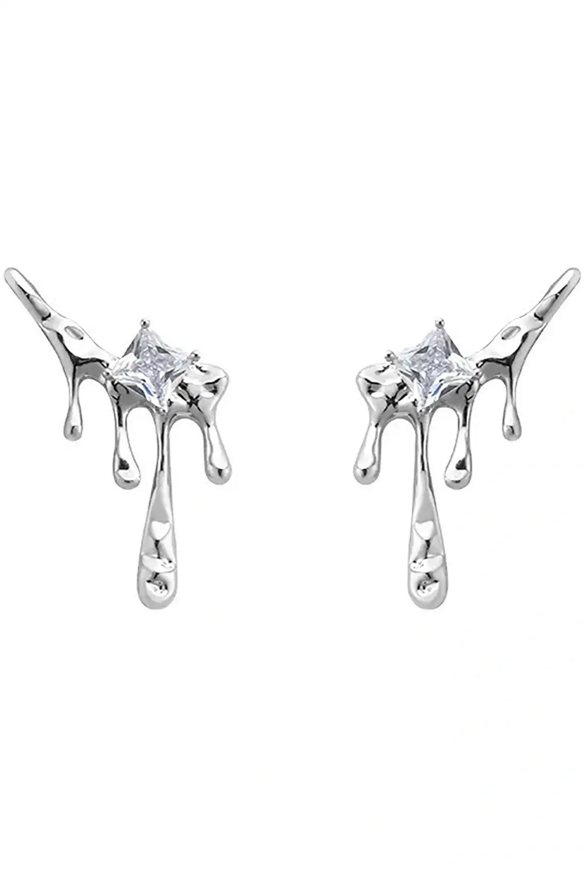 Gümüş Renk Taş Detaylı Çelik Küpe (Çift)