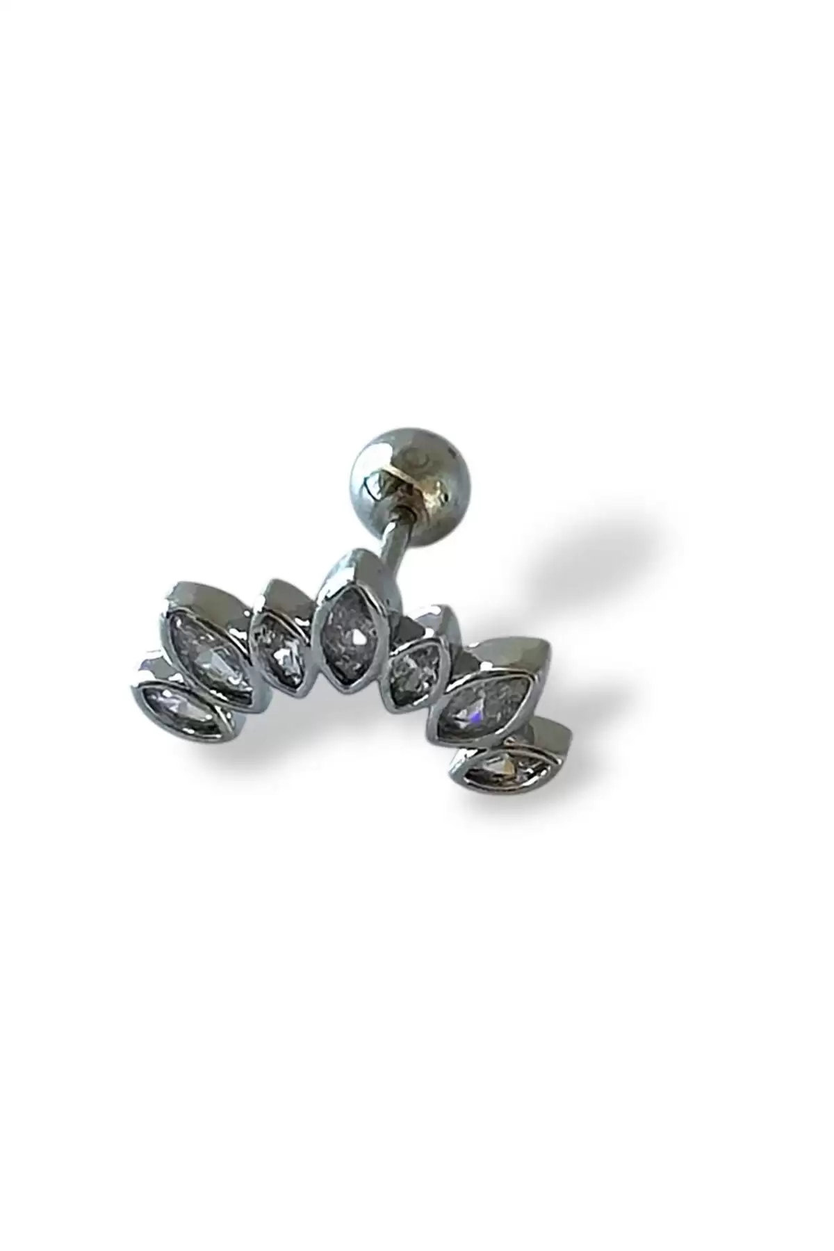 Gümüş Renk Taş Detaylı Çelik Tragus/Kıkırdak Küpe/Piercing (Tek)
